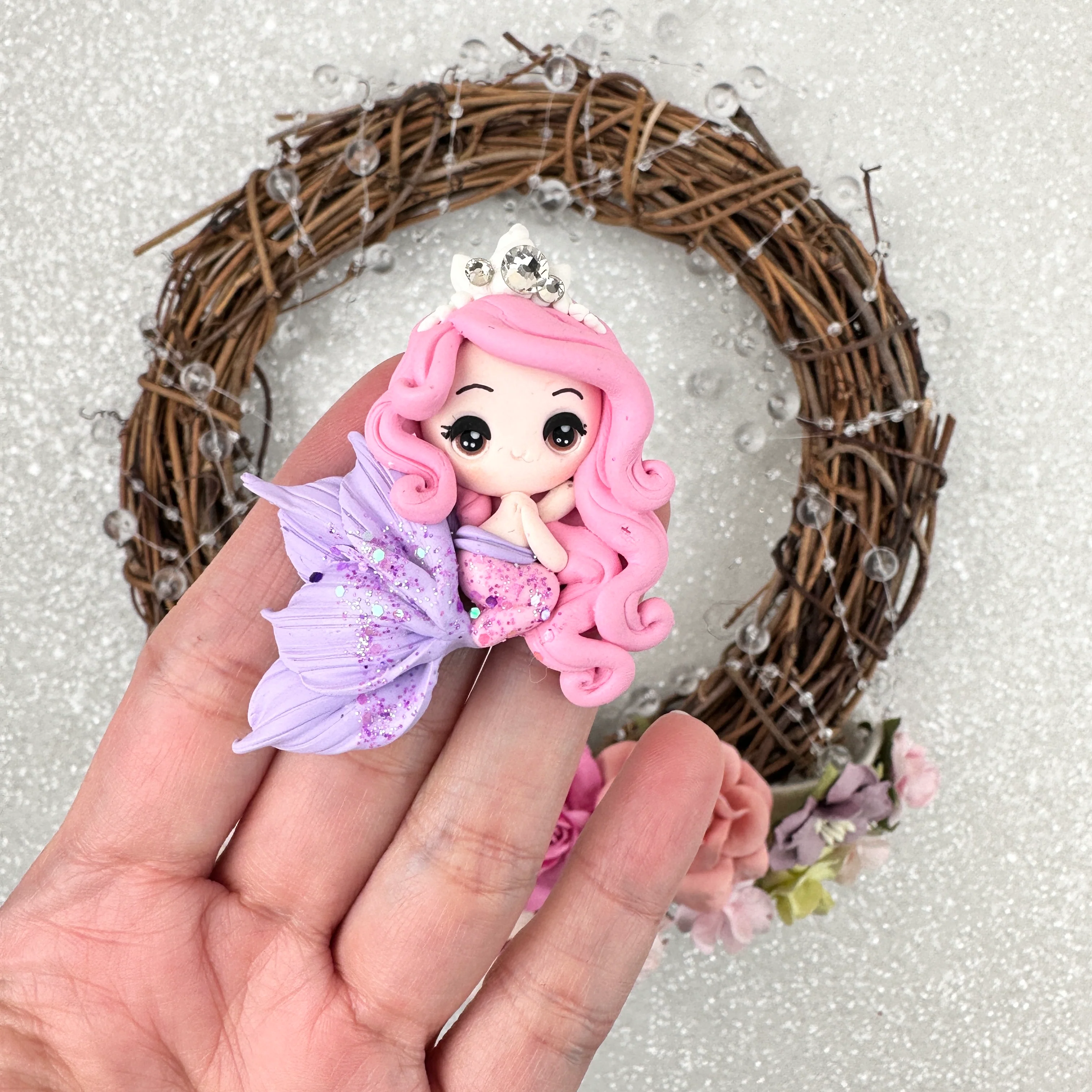 Pink hair lilac tail mermaid - Handmade Flatback Clay Bow Centre