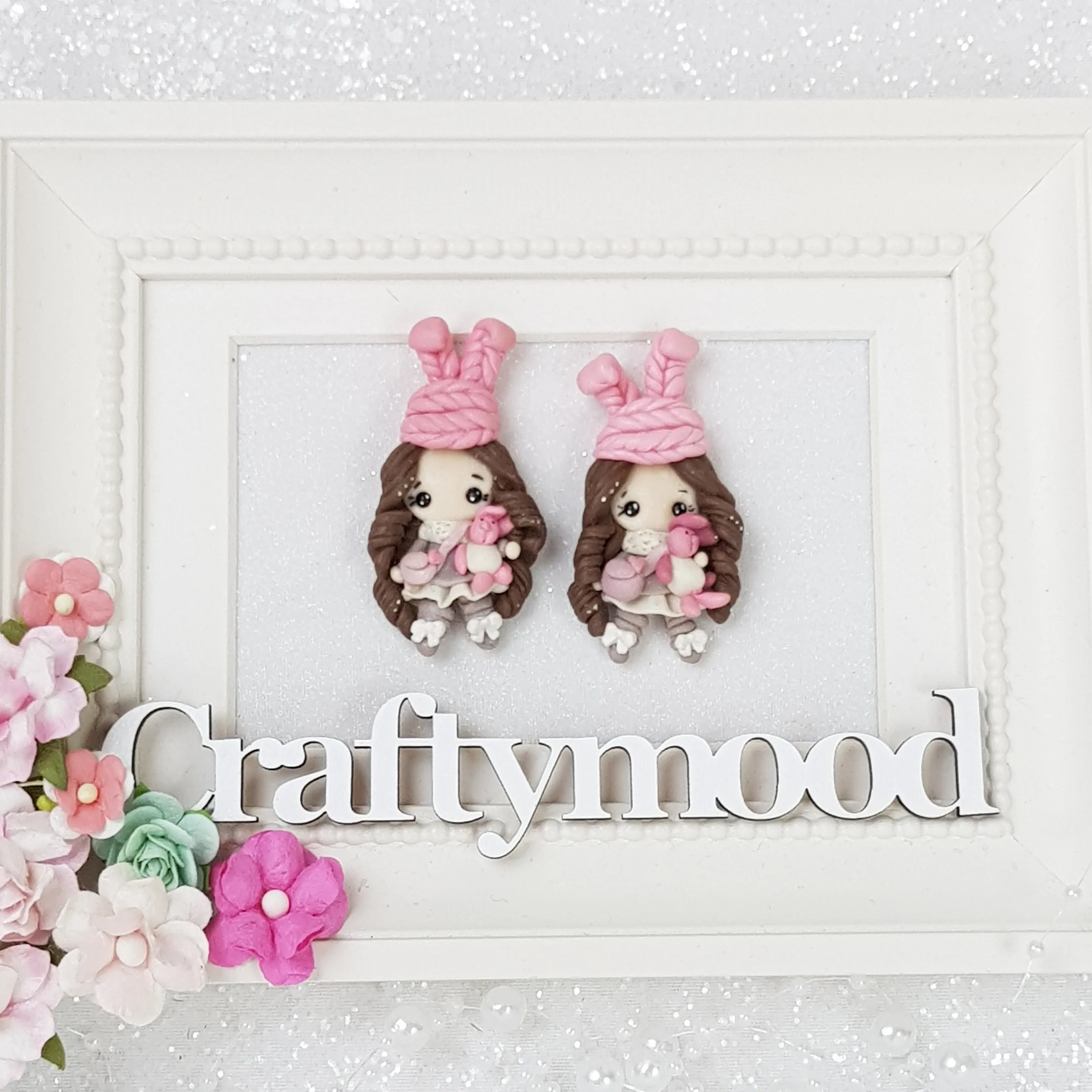 Pink Knitted Cap Girl - Handmade Flatback Clay Bow Centre