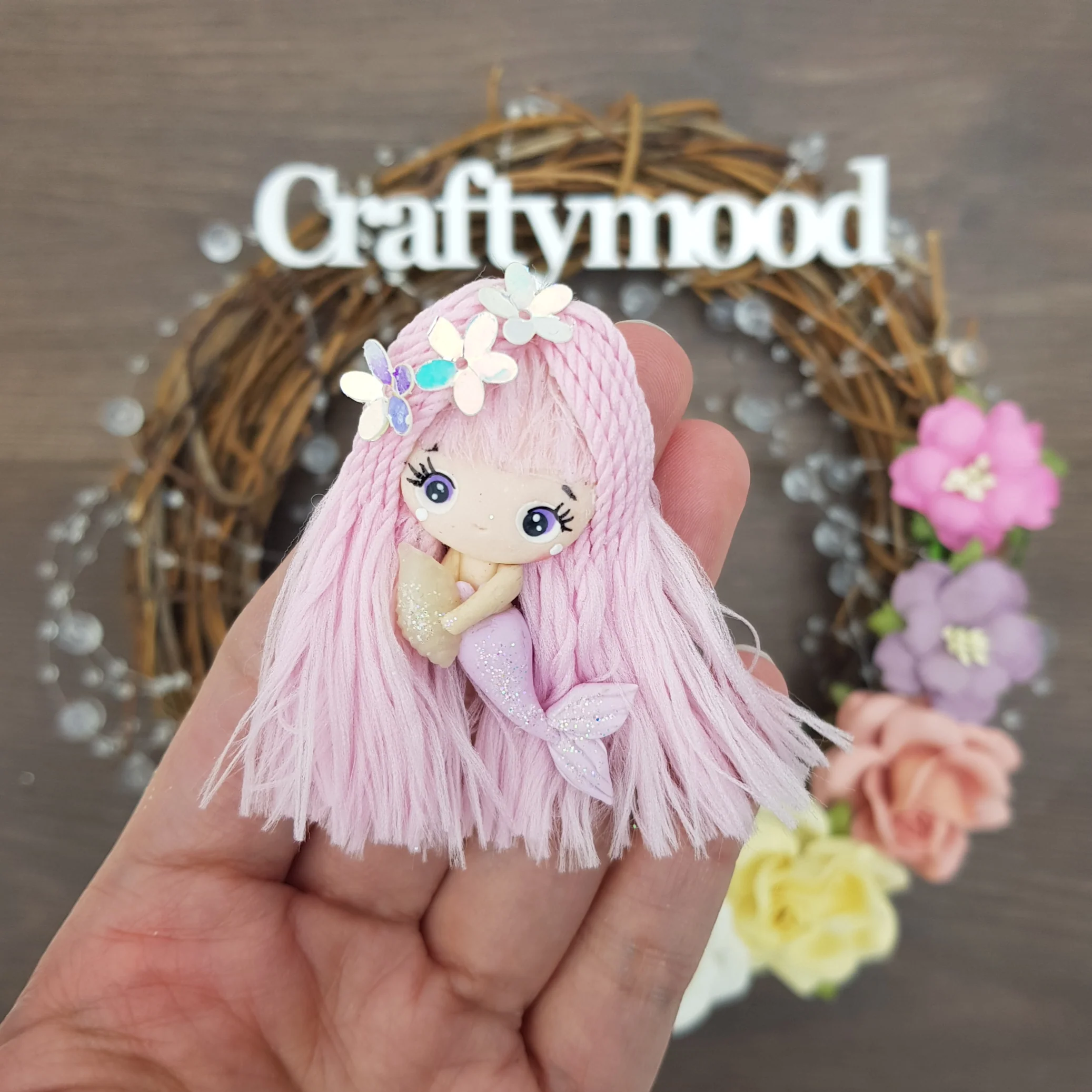Pink mermaid with hair - Handmade Flatback Clay Bow Centre - Image 2
