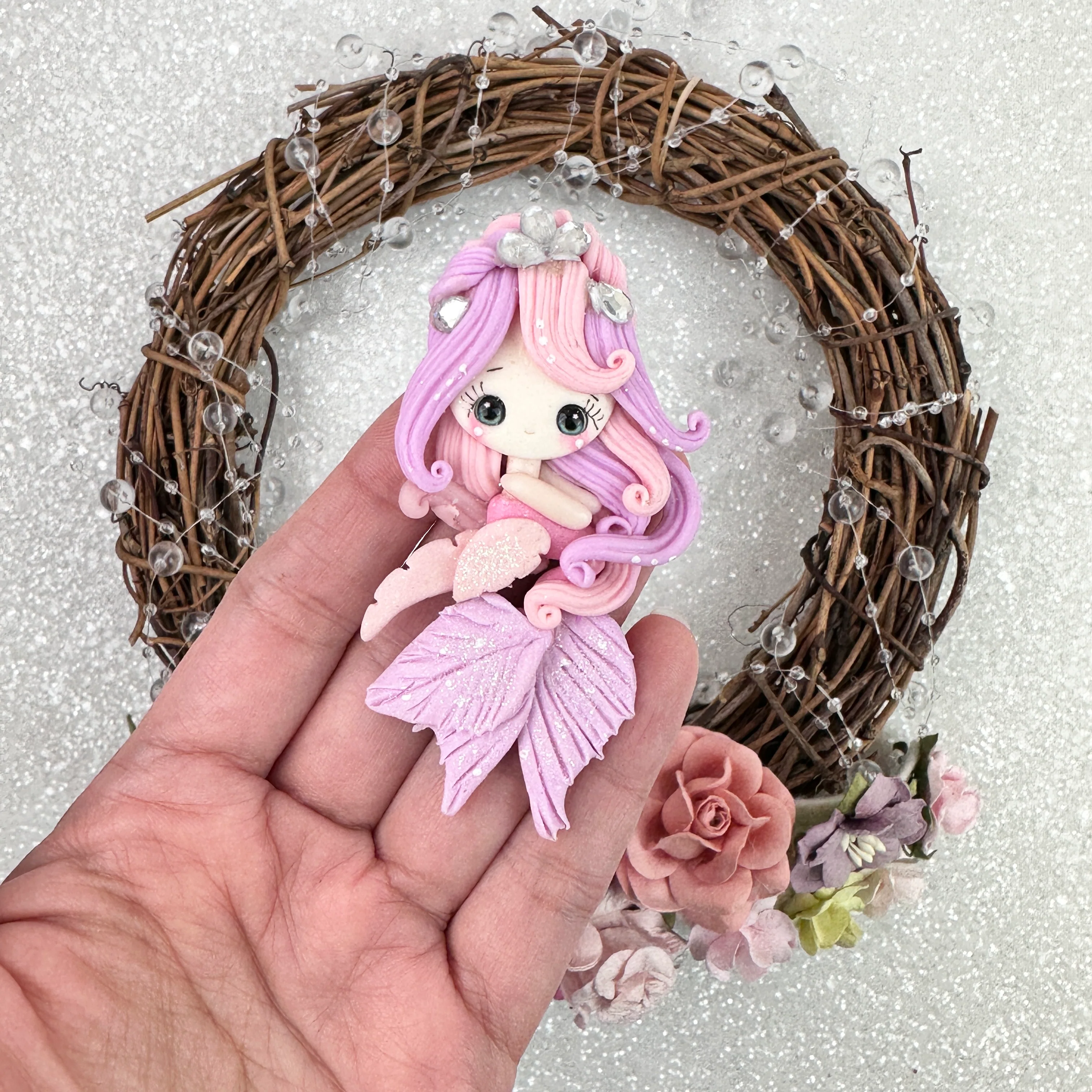Pink pearl mermaid - Handmade Flatback Clay Bow Centre