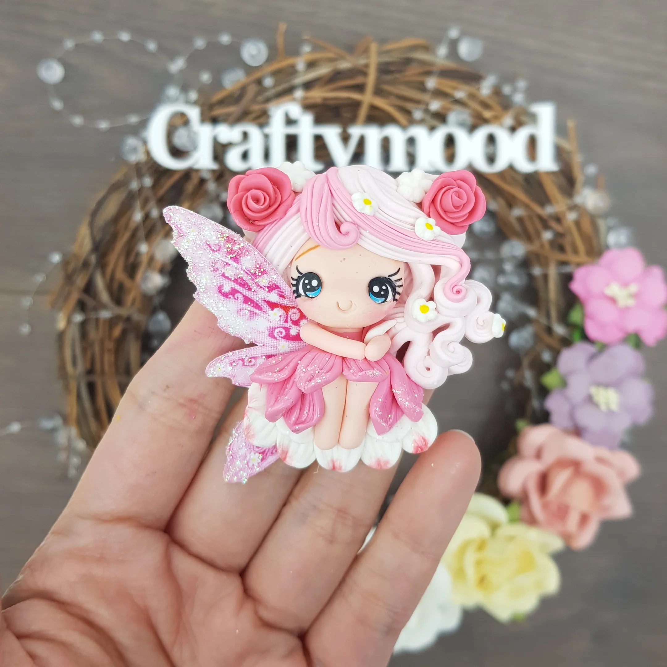 Pink rose fairy - Embellishment Clay Bow Centre