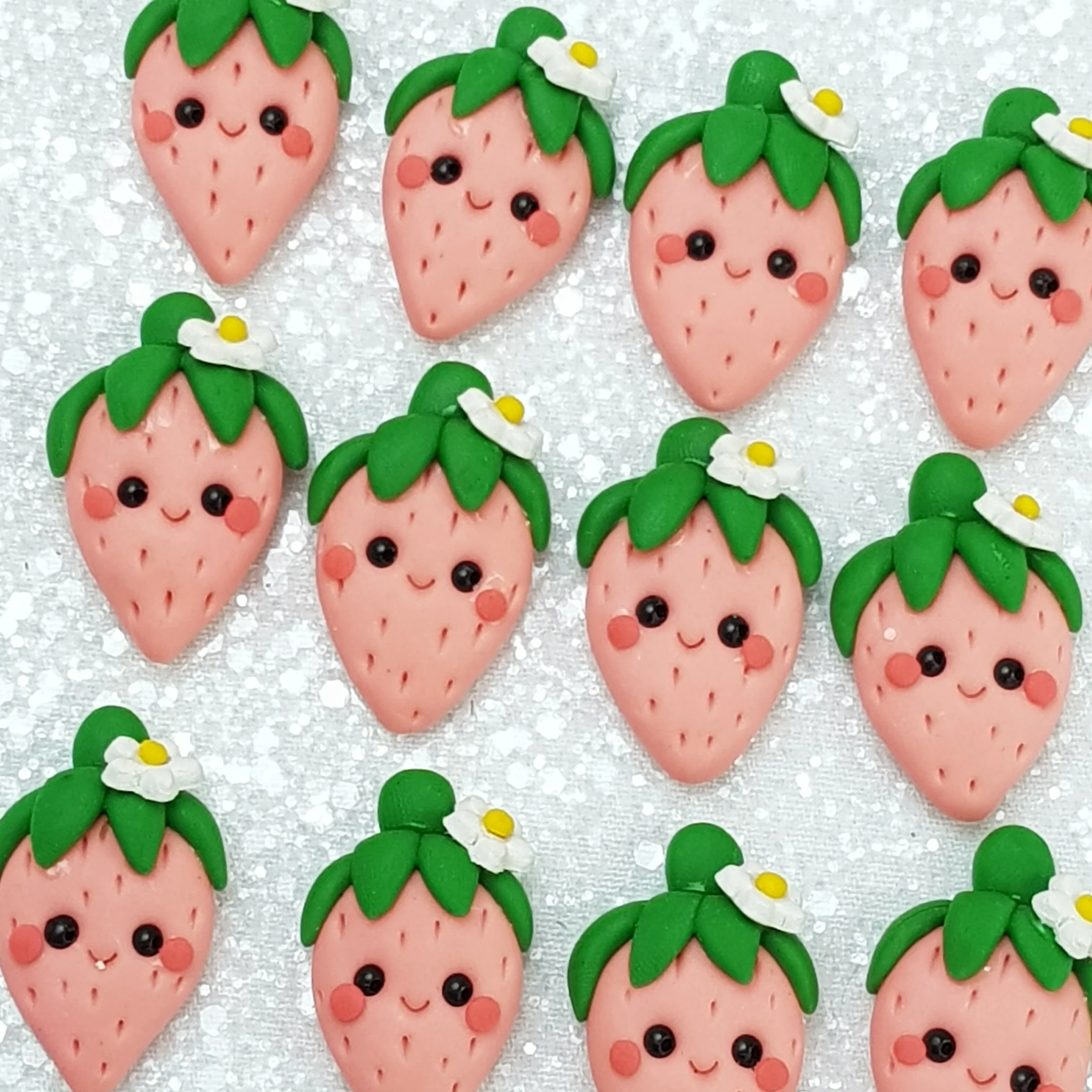 Pink strawberry with flower - Handmade Flatback Clay Bow Centre