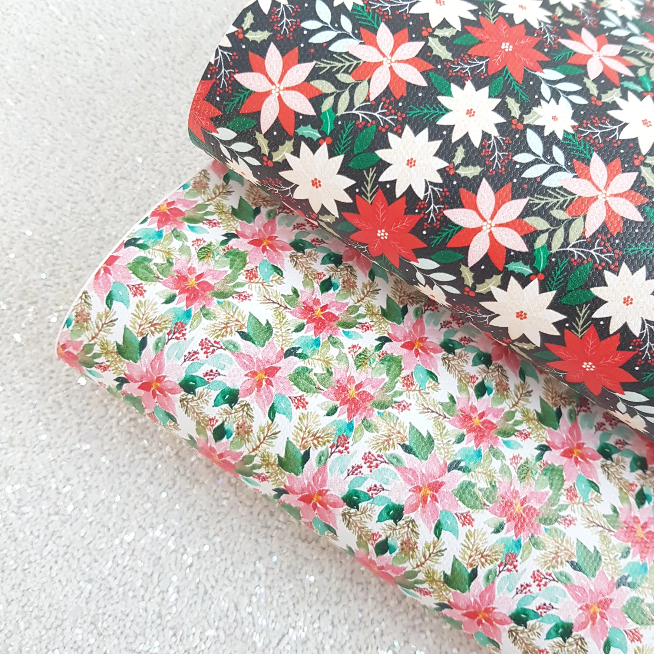 Poinsettia christmas  - Pu faux Leather vinyl - canvas - choose Fabric material Sheets