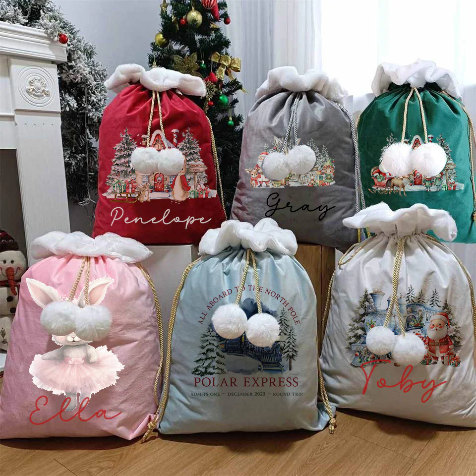Pom pom velvet santa sacks bag  - Plain - Image 2