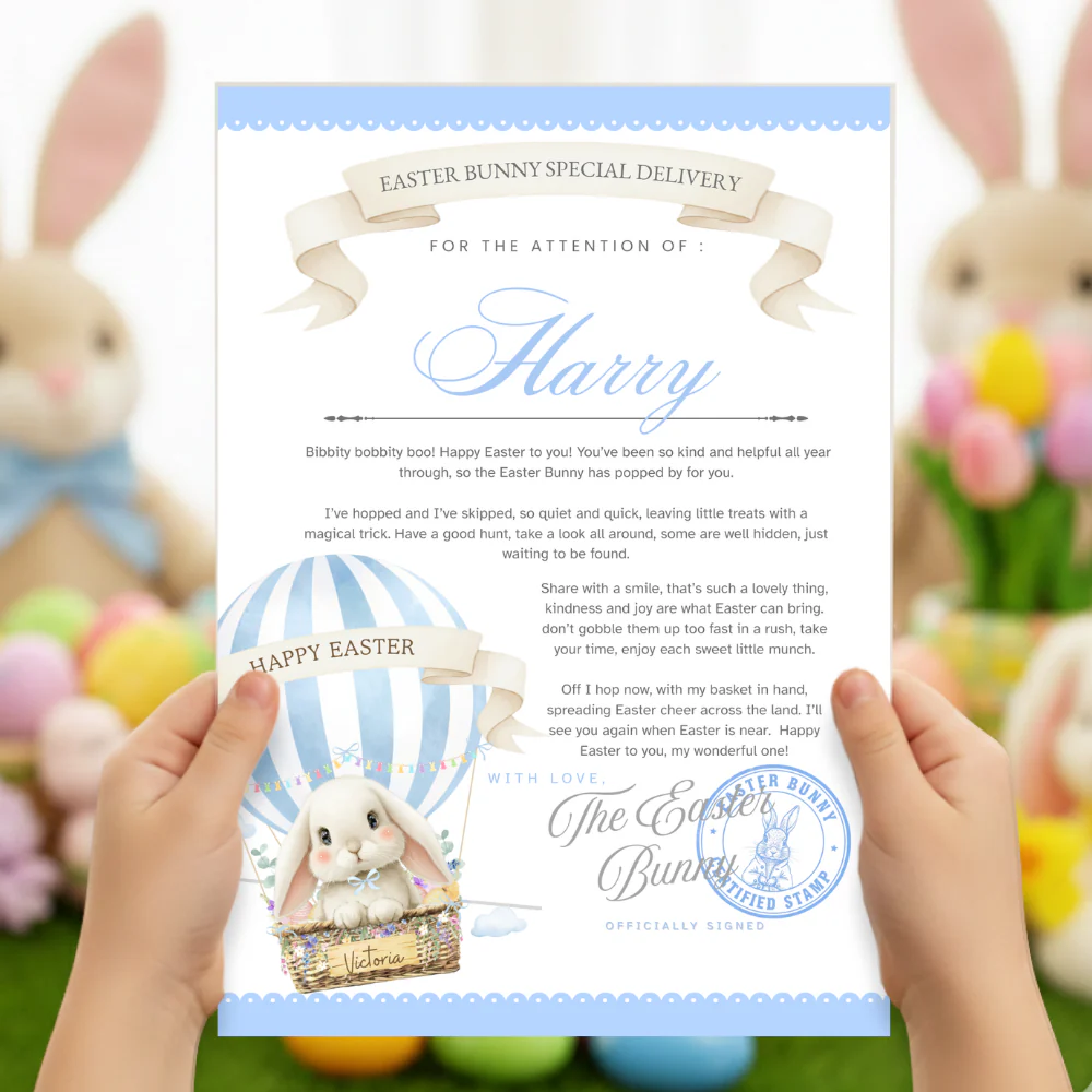 Printed range - A4 Easter balloon bunny blue special delivery certificate