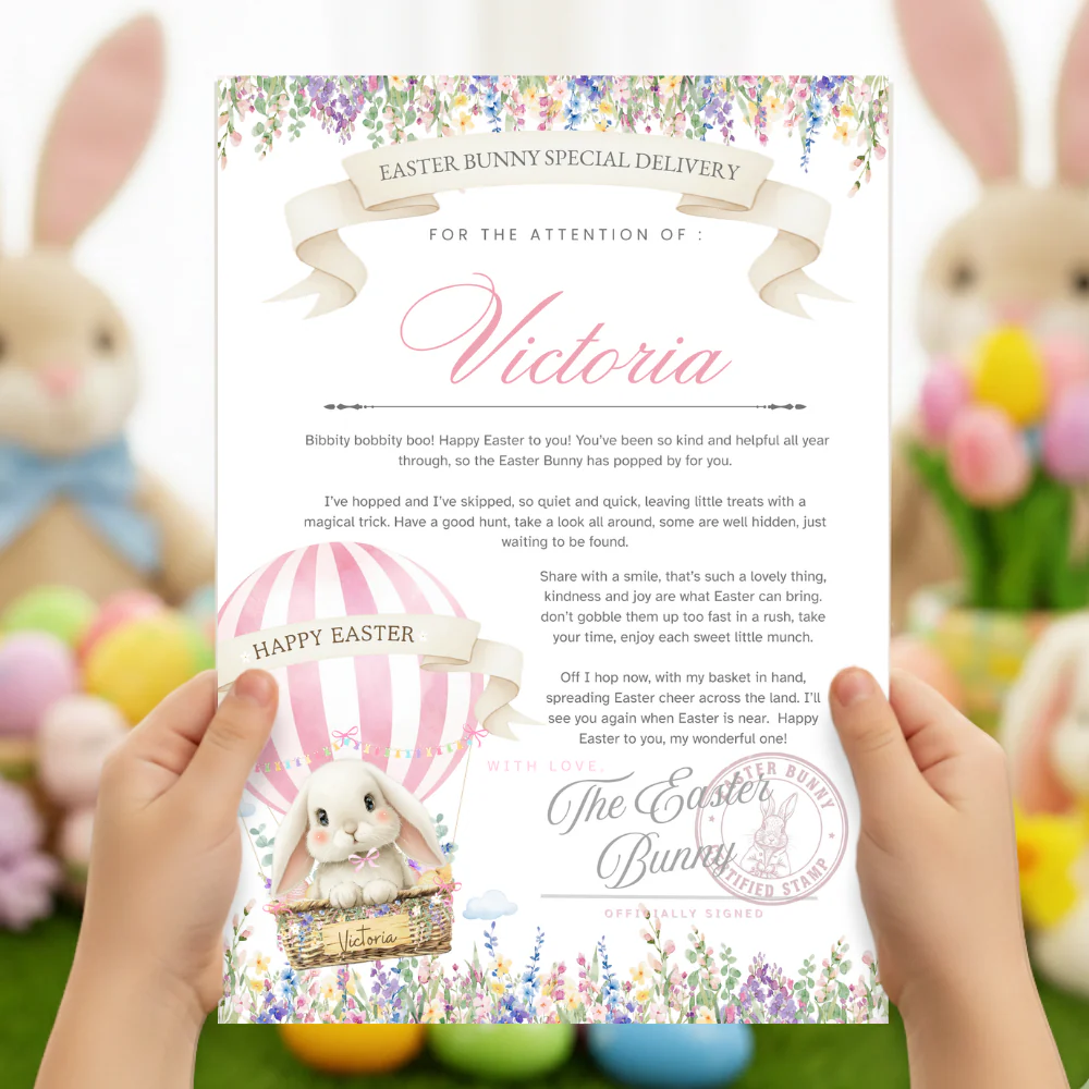 Printed range - A4 Easter balloon bunny pink special delivery certificate