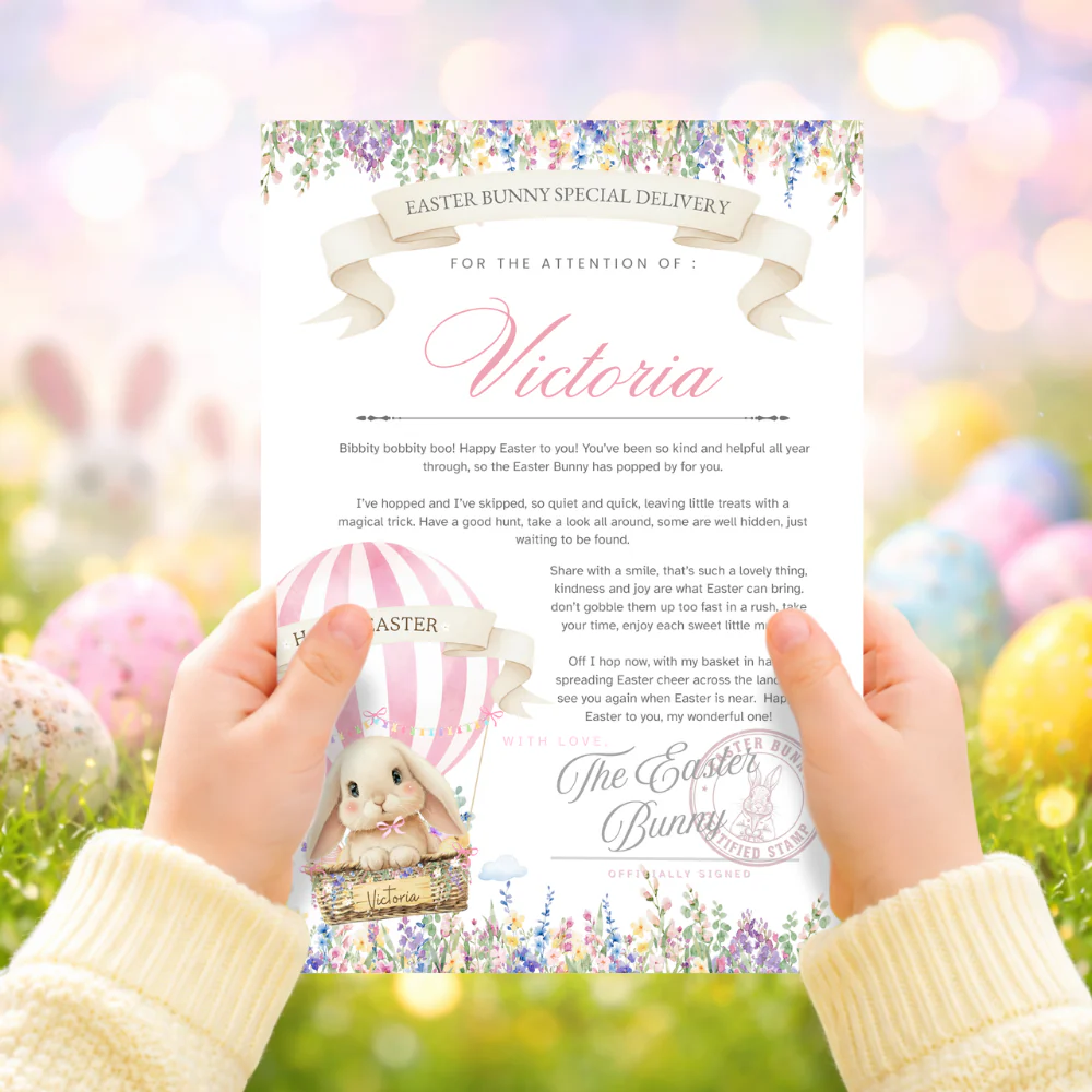 Printed range - A4 Easter balloon chocolate bunny pink special delivery certificate
