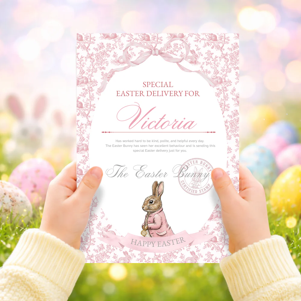 Printed range - A4 Easter Toile bunny rabbit pink special delivery certificate