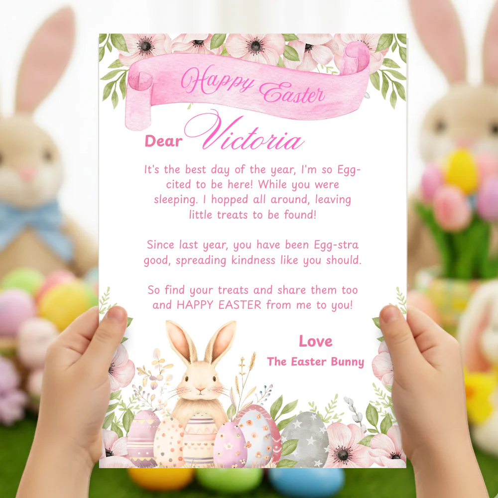 Printed range - A4 Easter pink bunny greeting certificate