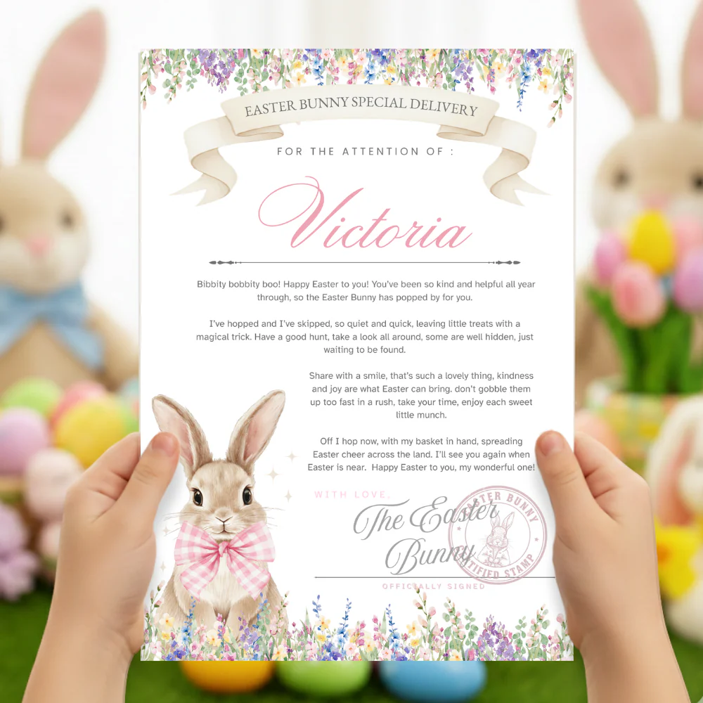 Printed range - A4 Easter toile bunny pink ribbon special delivery certificate