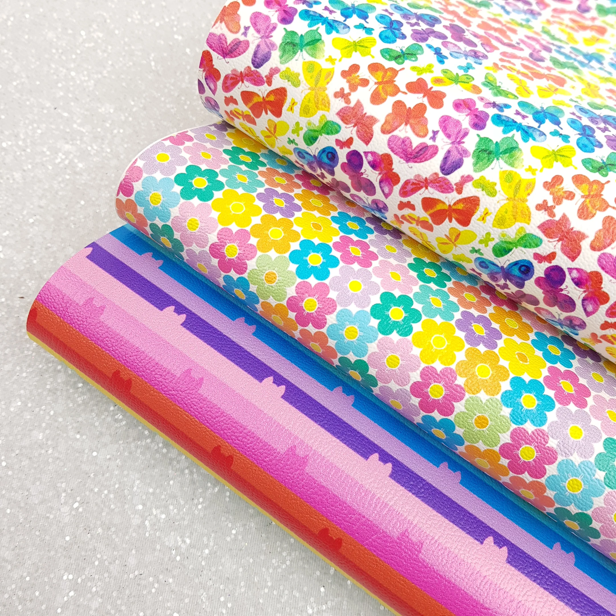 Rainbow cat daisy butterfly - Pu faux Leather vinyl - canvas - choose Fabric material Sheets - Image 3