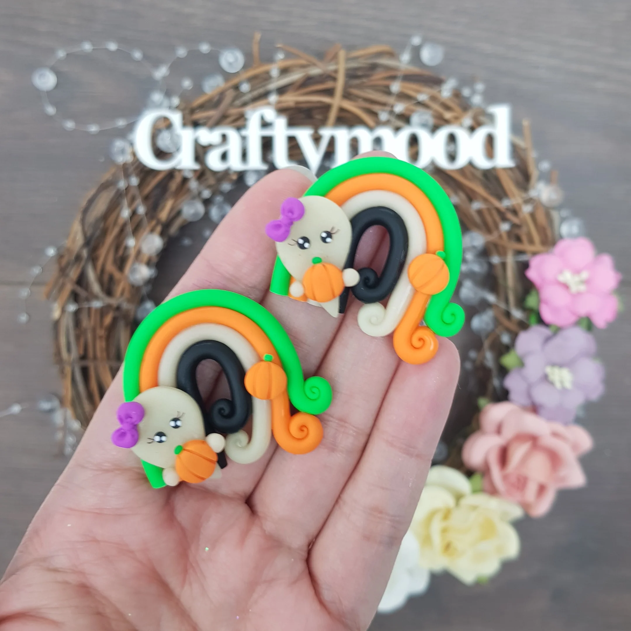 Rainbow Halloween - Handmade Flatback Clay Bow Centre