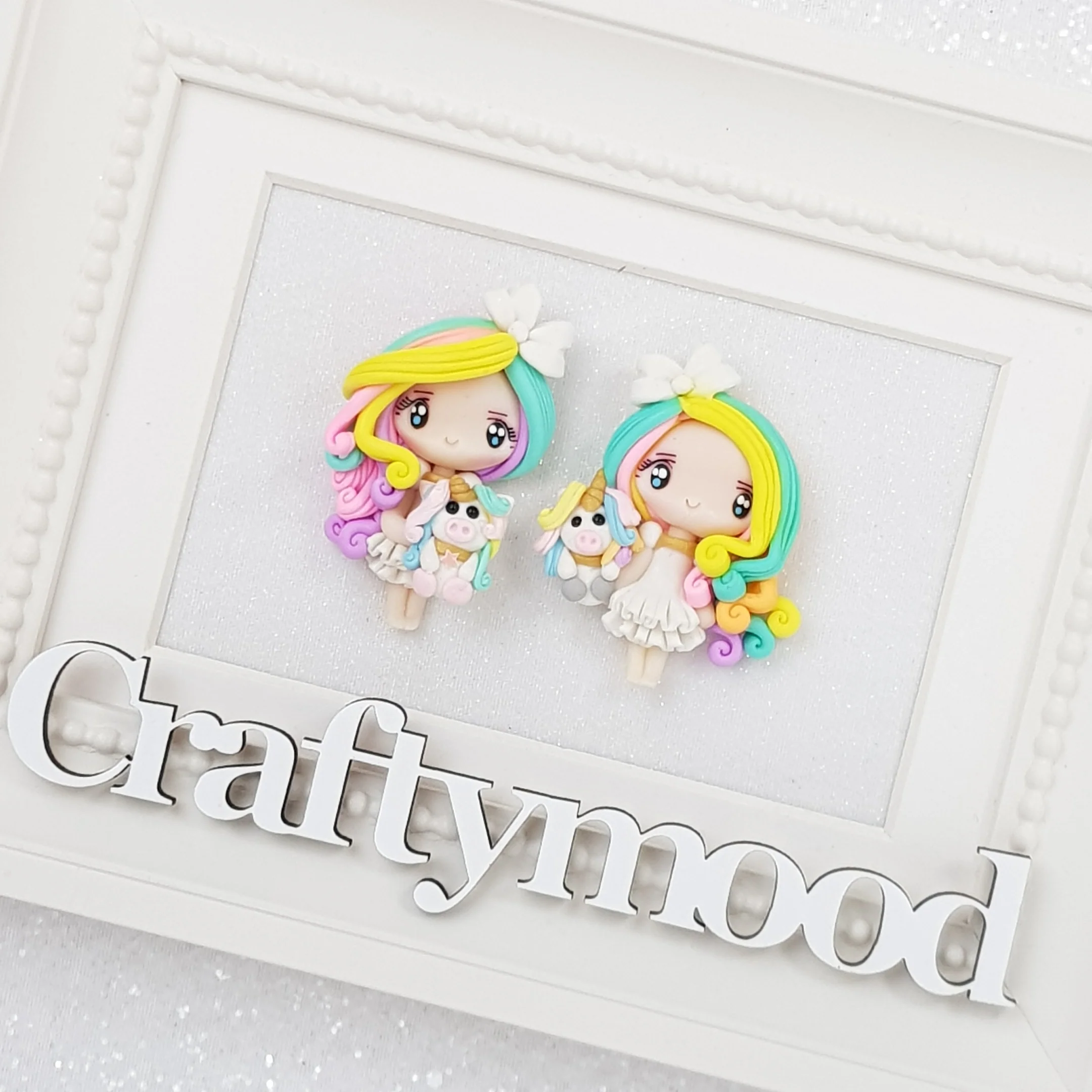Rainbow Unicorn Girls - Handmade Flatback Clay Bow Centre - Image 2