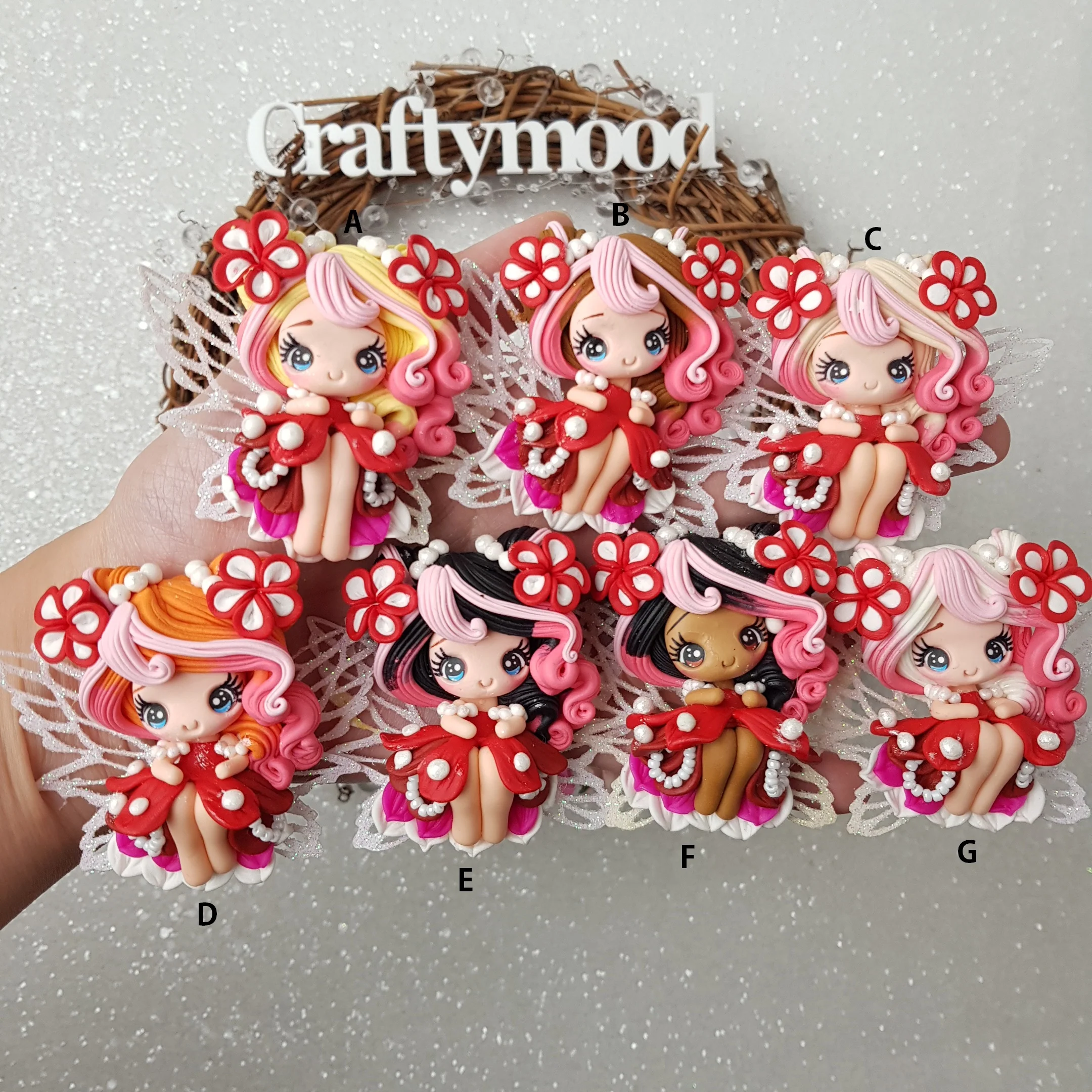 Red pearl flower fairy - Embellishment Clay Bow Centre