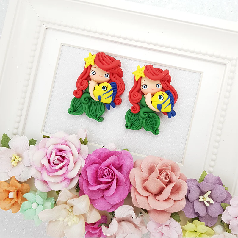 Red hair mermaid girl - Handmade Flatback Clay Bow Centre - Image 2