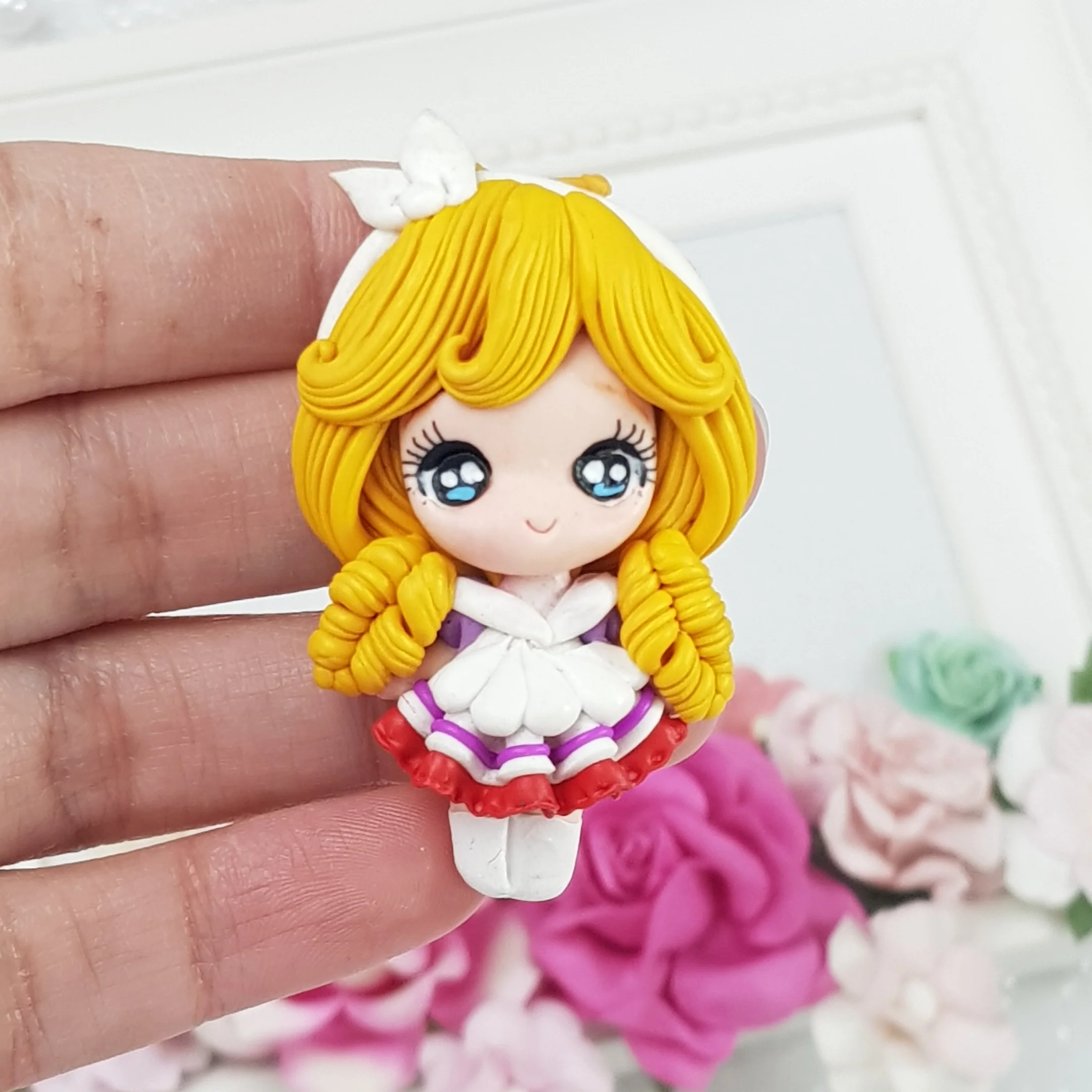 Ruffle Dress Girl - E - Handmade Flatback Clay Bow Centre