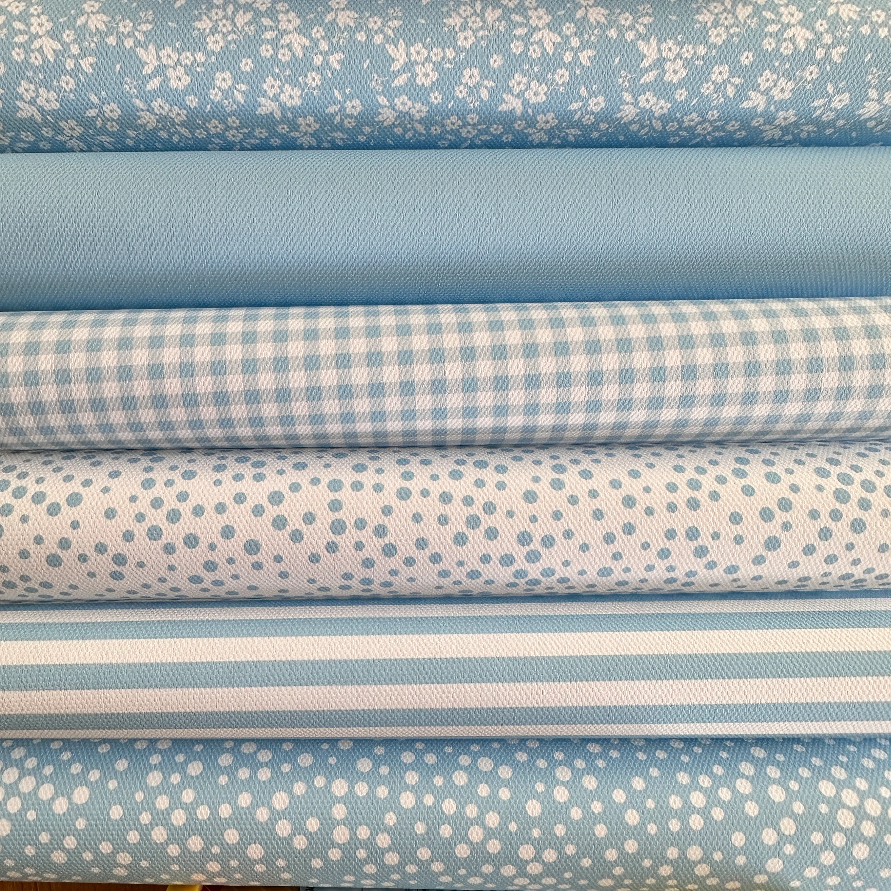 School light blue gingham solid stripe dots flower - faux Pu Leather vinyl - canvas - choose Fabric material Sheets