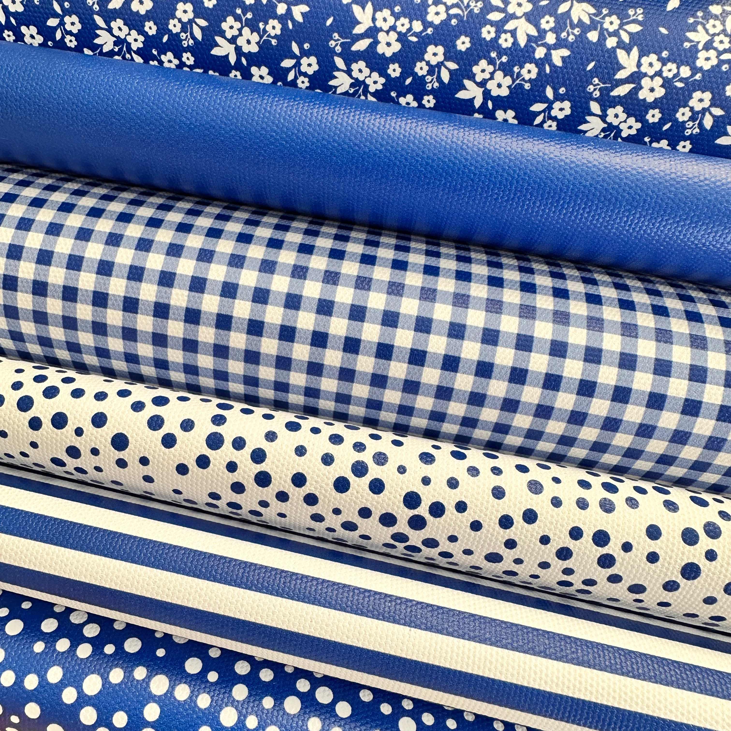 School royal blue gingham solid stripe dots flower - faux Pu Leather vinyl - canvas - choose Fabric material Sheets - Image 2