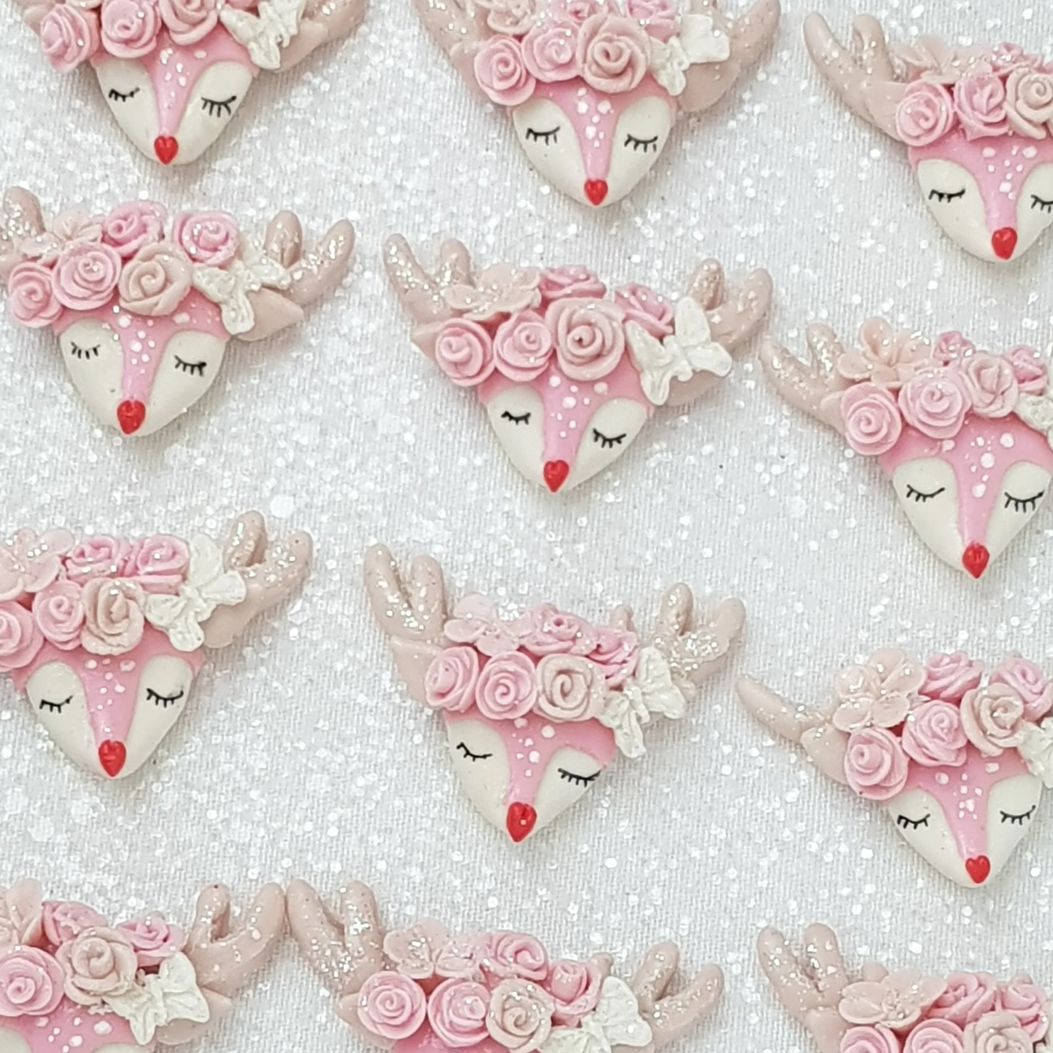 Sleepy Pink Deer Head - Handmade Flatback Clay Bow Centre