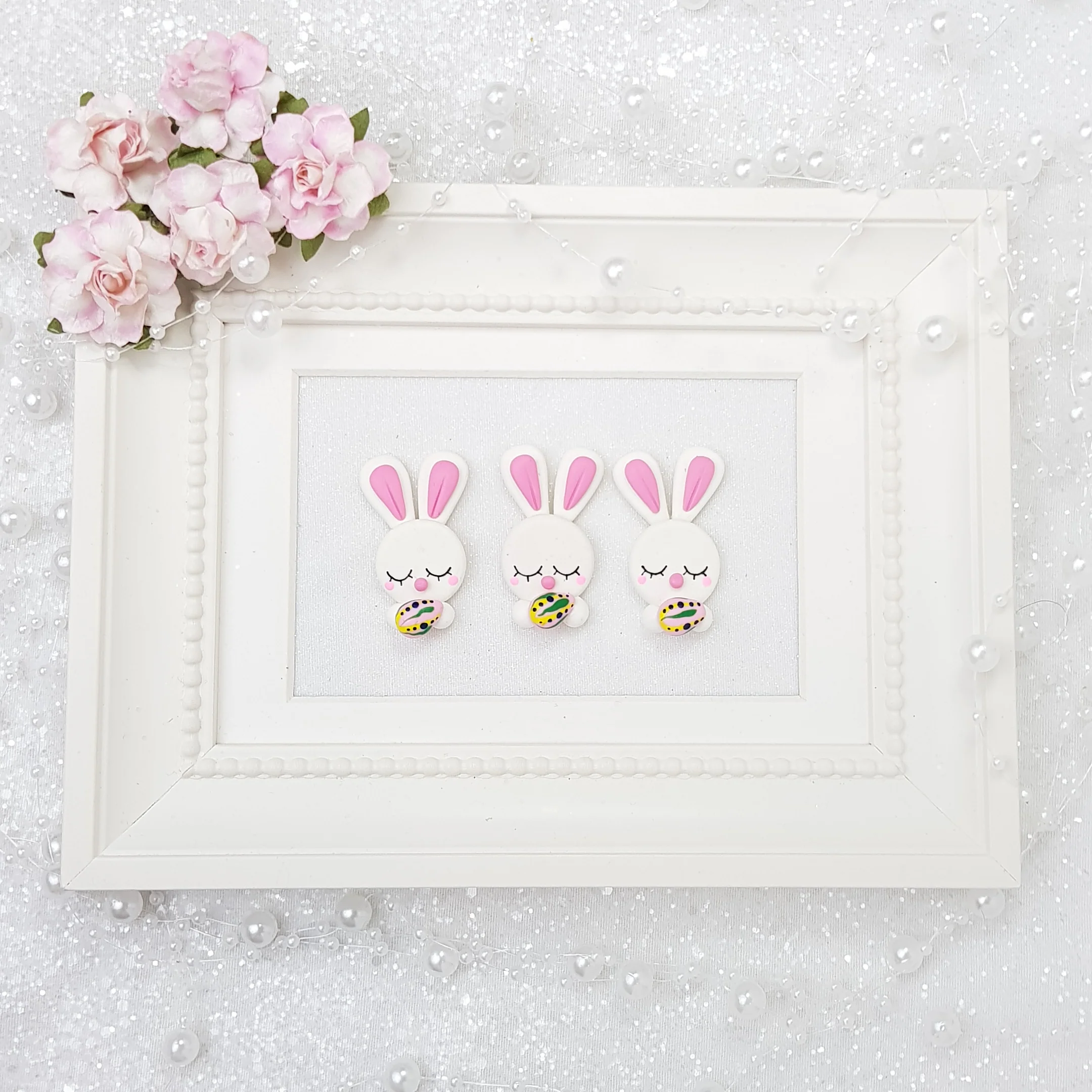 Sleepy white pink bunny - Embellishment Clay Bow Centre
