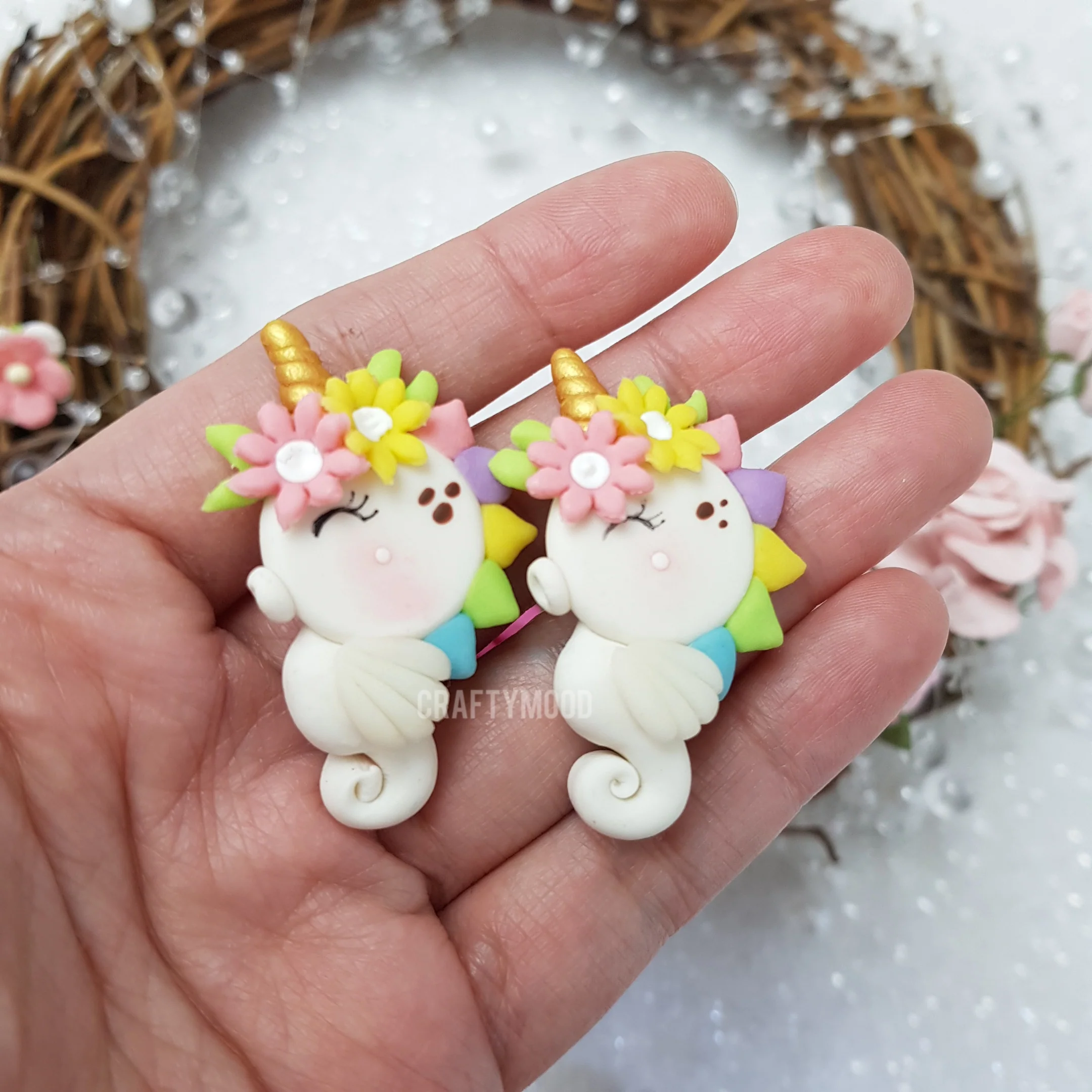 Spring Flower Unicorn - Handmade Flatback Clay Bow Centre