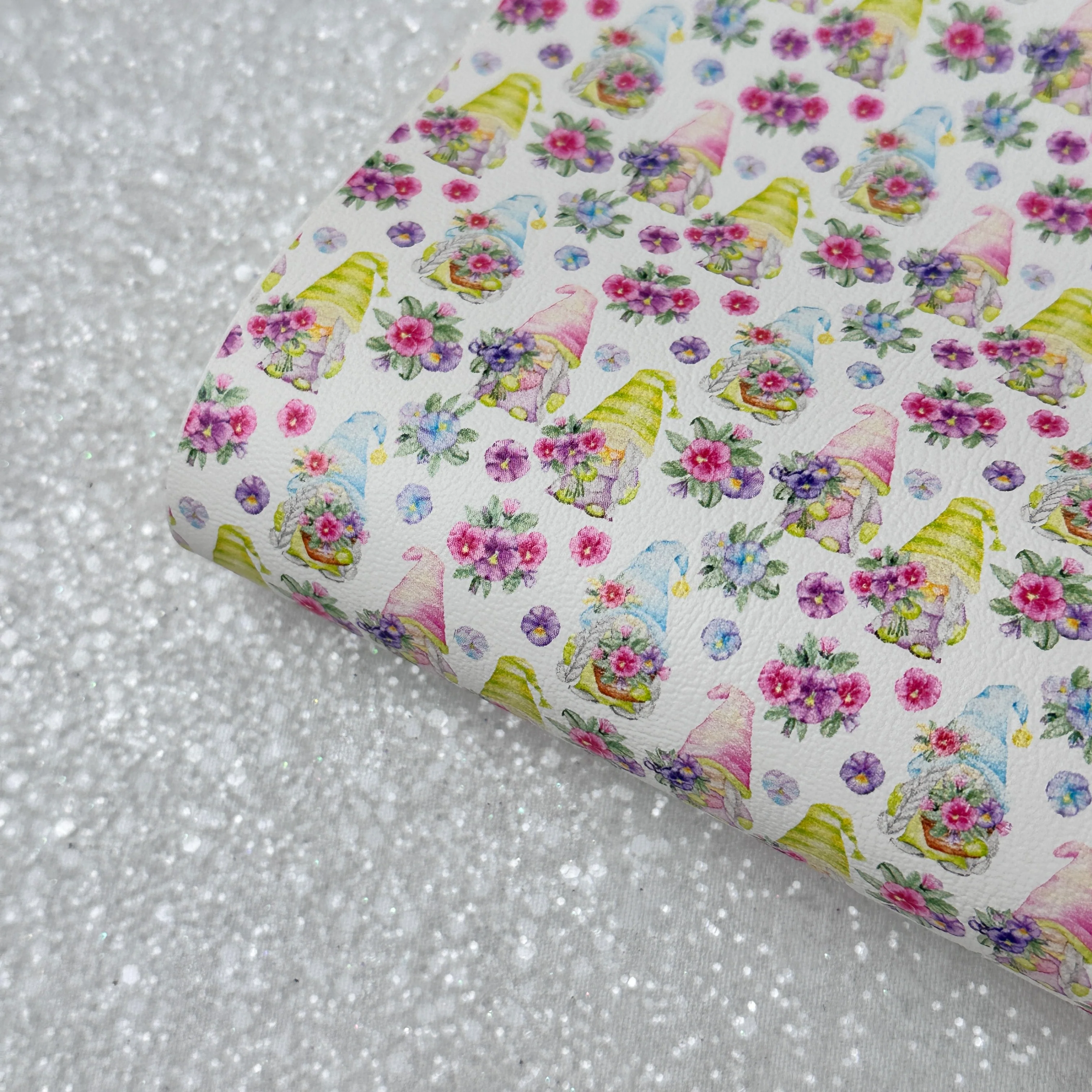 Spring Gonk Gnome Flower  - faux vegan Leather vinyl - canvas - choose Fabric material Sheets