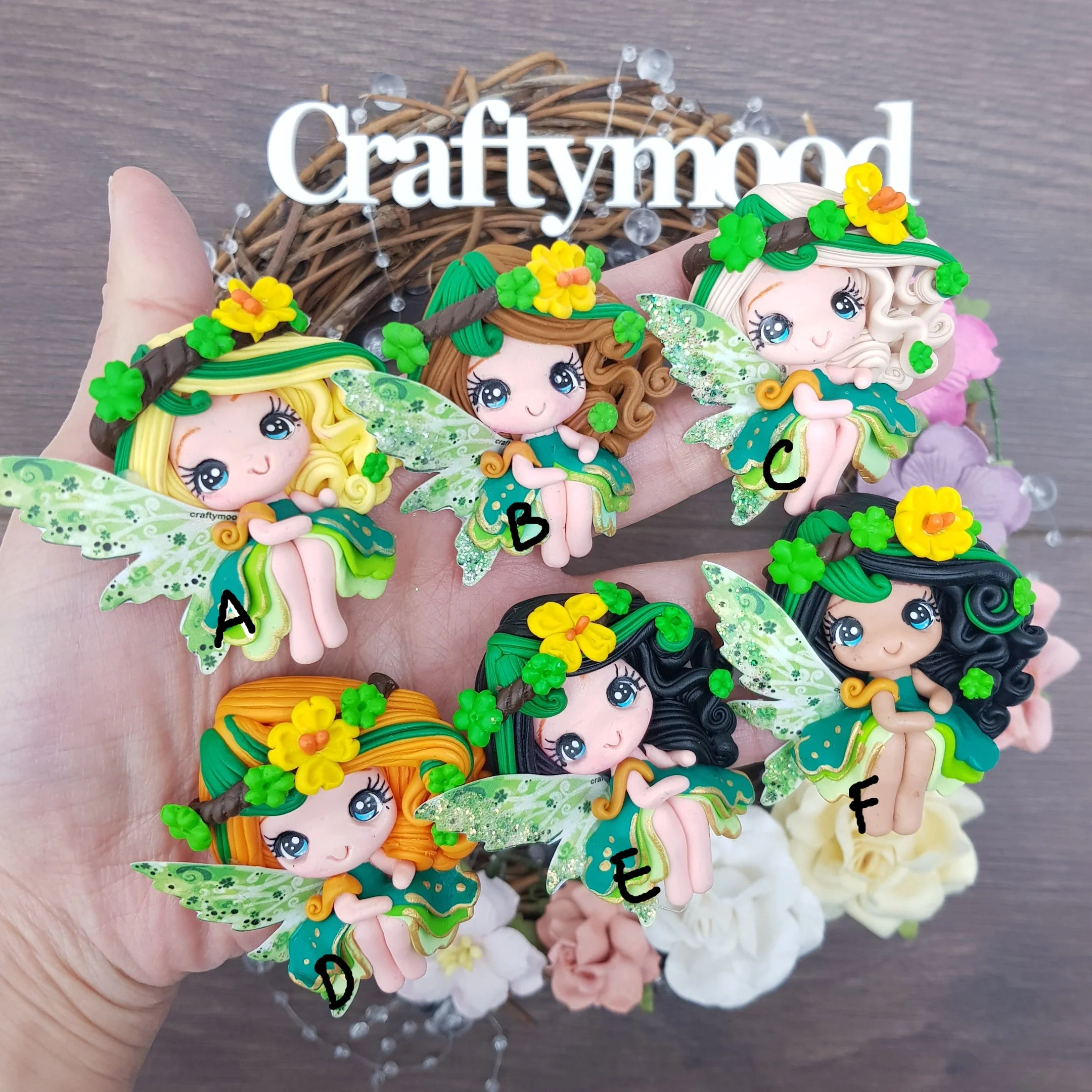 St Patrick fairies - Handmade Flatback Clay Bow Centre