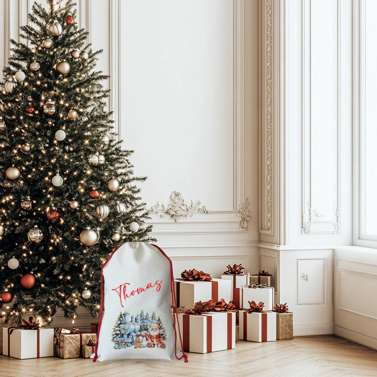 Plain Sublimation santa canvas sacks bag with red drawstring rope - Image 3