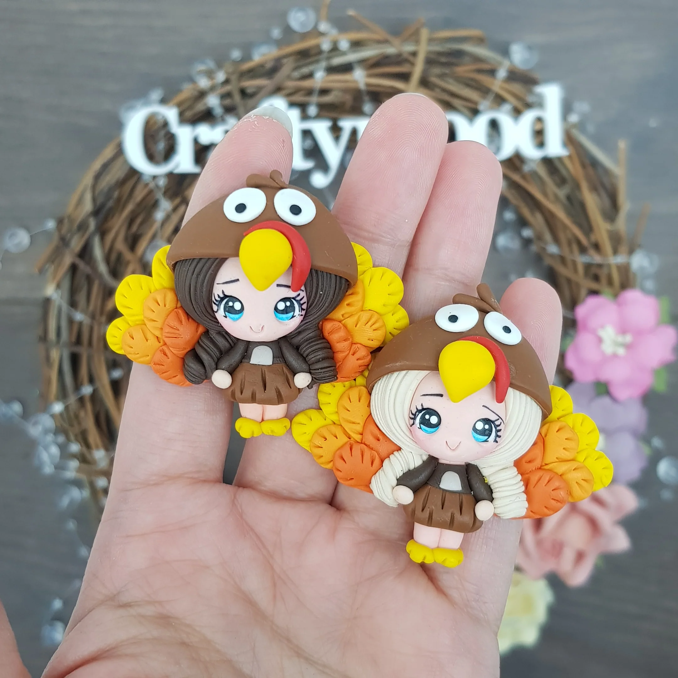 Turkey dressing up girl - Handmade Flatback Clay Bow Centre