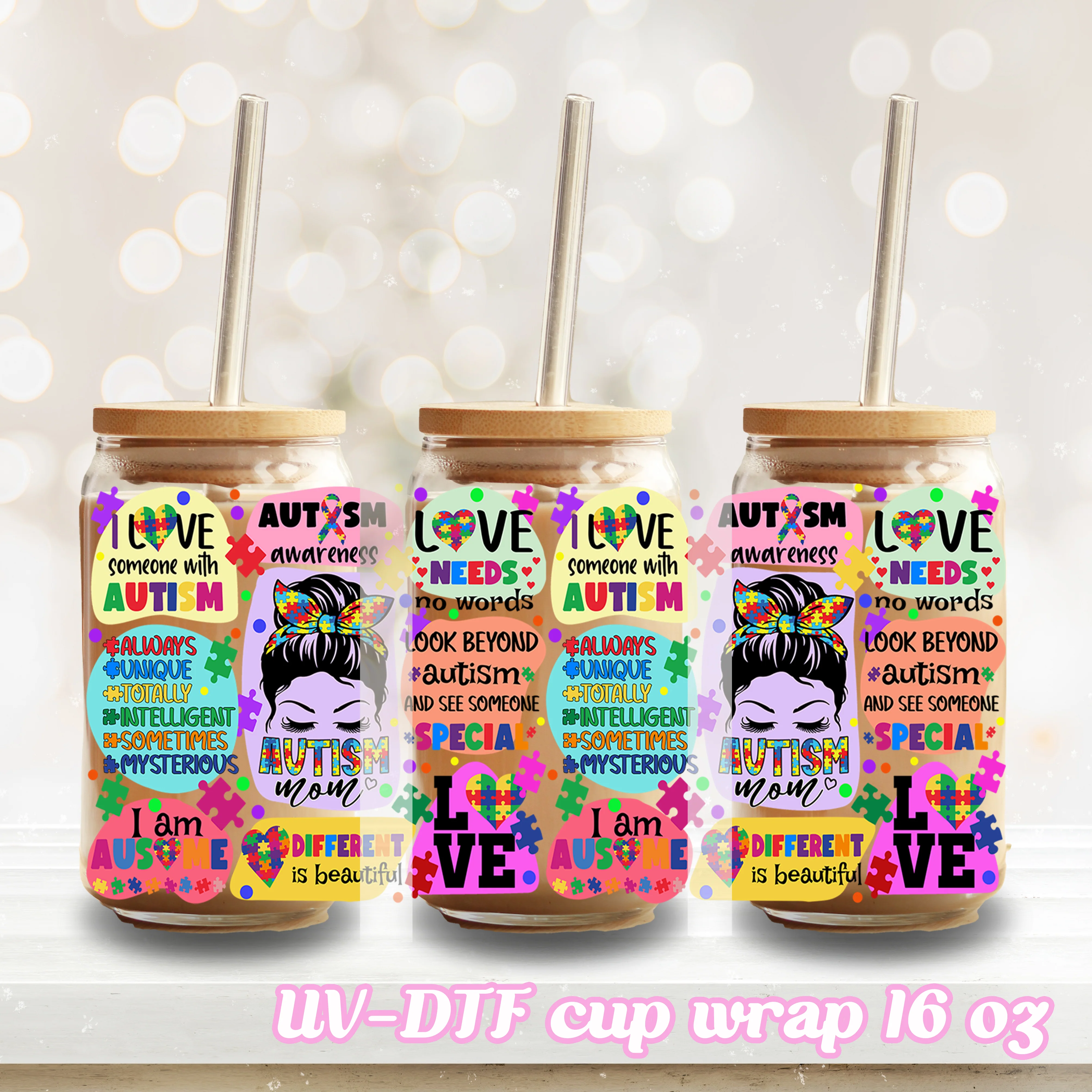 UV DTF - Autism Awareness - 16oz Libbey Glass Cup Wrap Only
