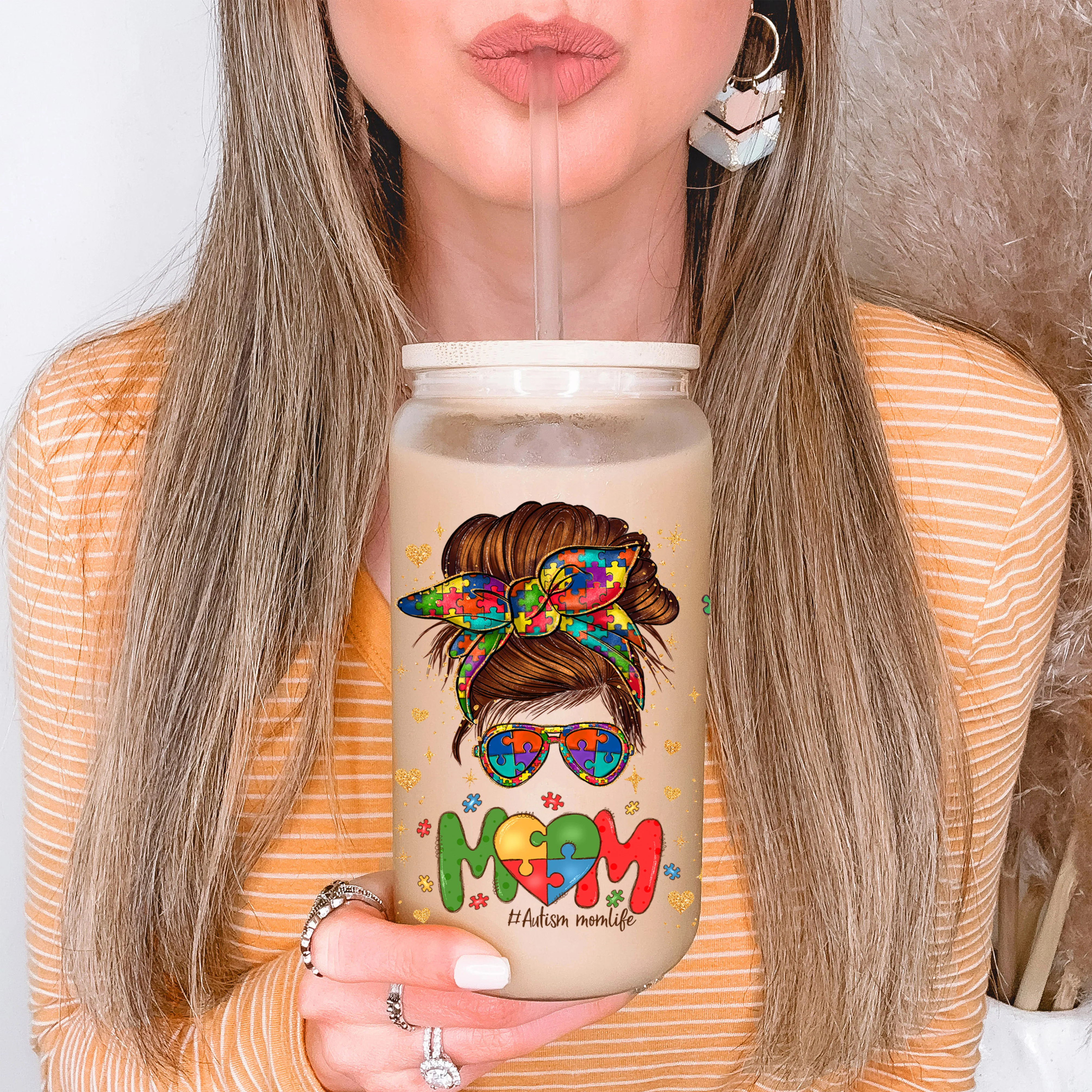 UV DTF - Autism mom awareness - 16oz Libbey Glass Cup Wrap Only - Image 2
