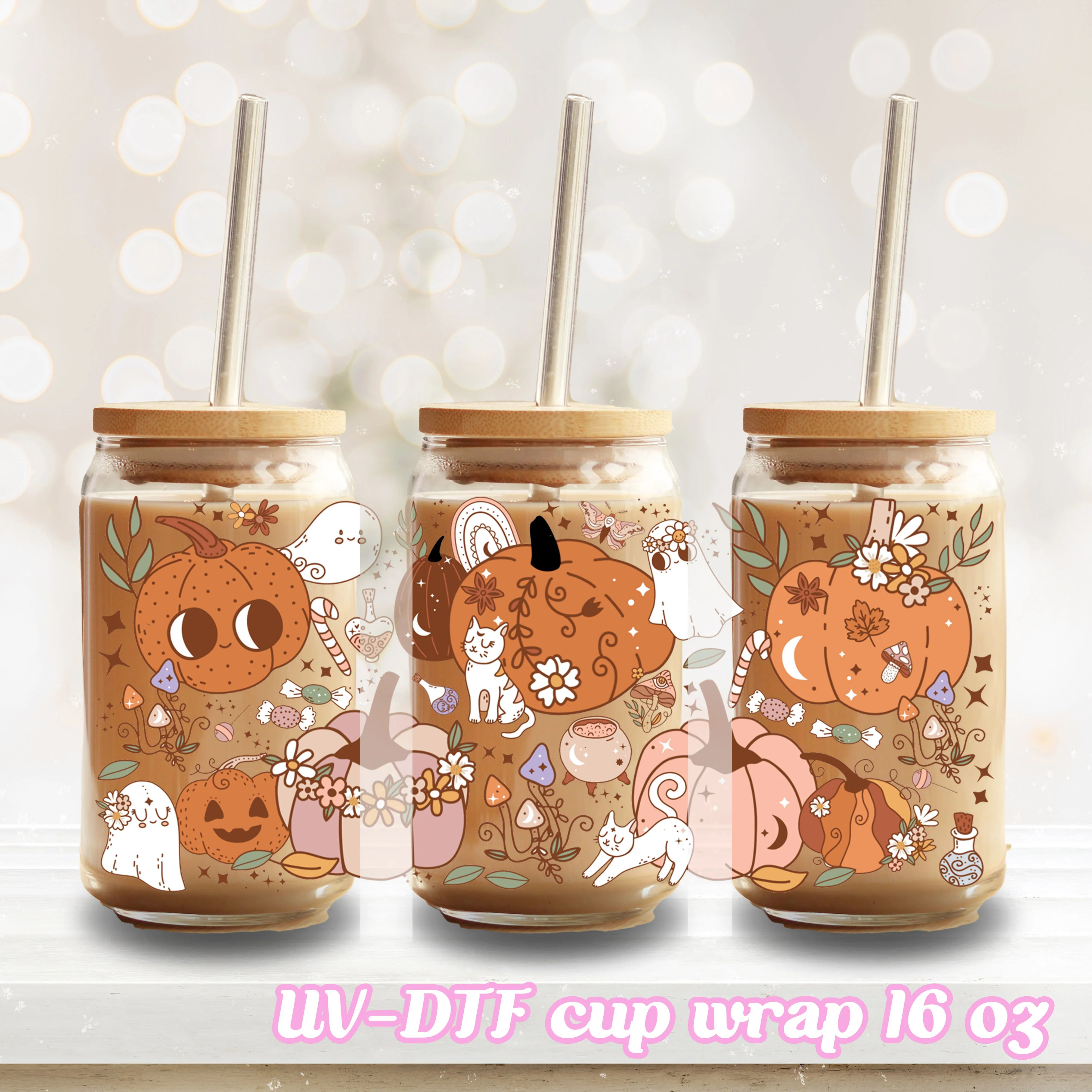 UV DTF - Autumn pumpkin - 16oz Libbey Glass Cup Wrap Only - Image 2