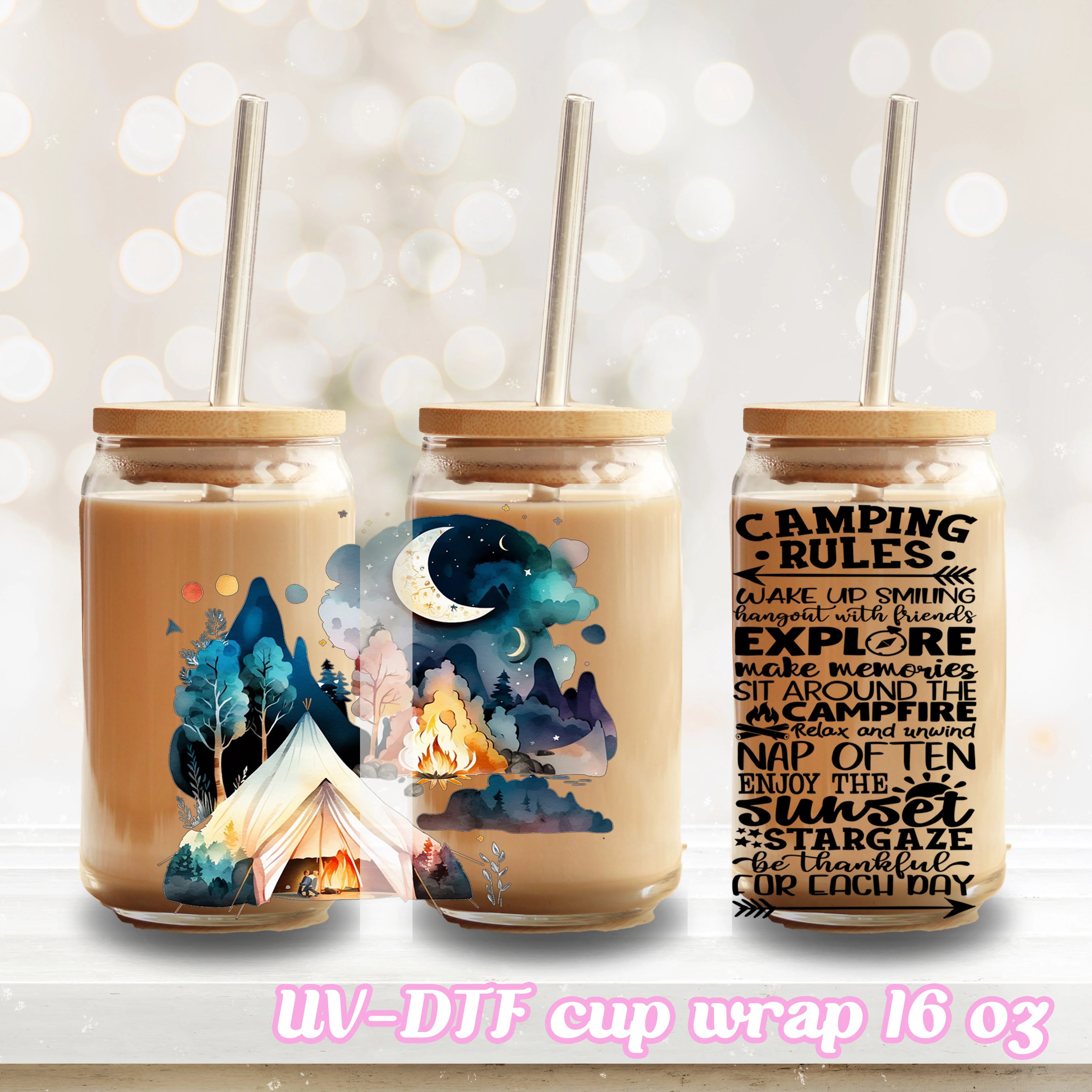 UV DTF - Camping camper - 16oz Libbey Glass Cup Wrap Only - Image 2