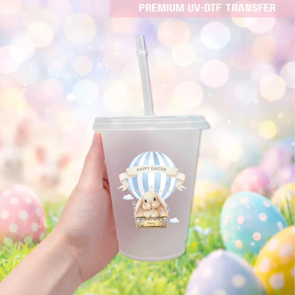 UV DTF decal - bunny hot balloon - blue - Easter - DTF ready to press - Image 2