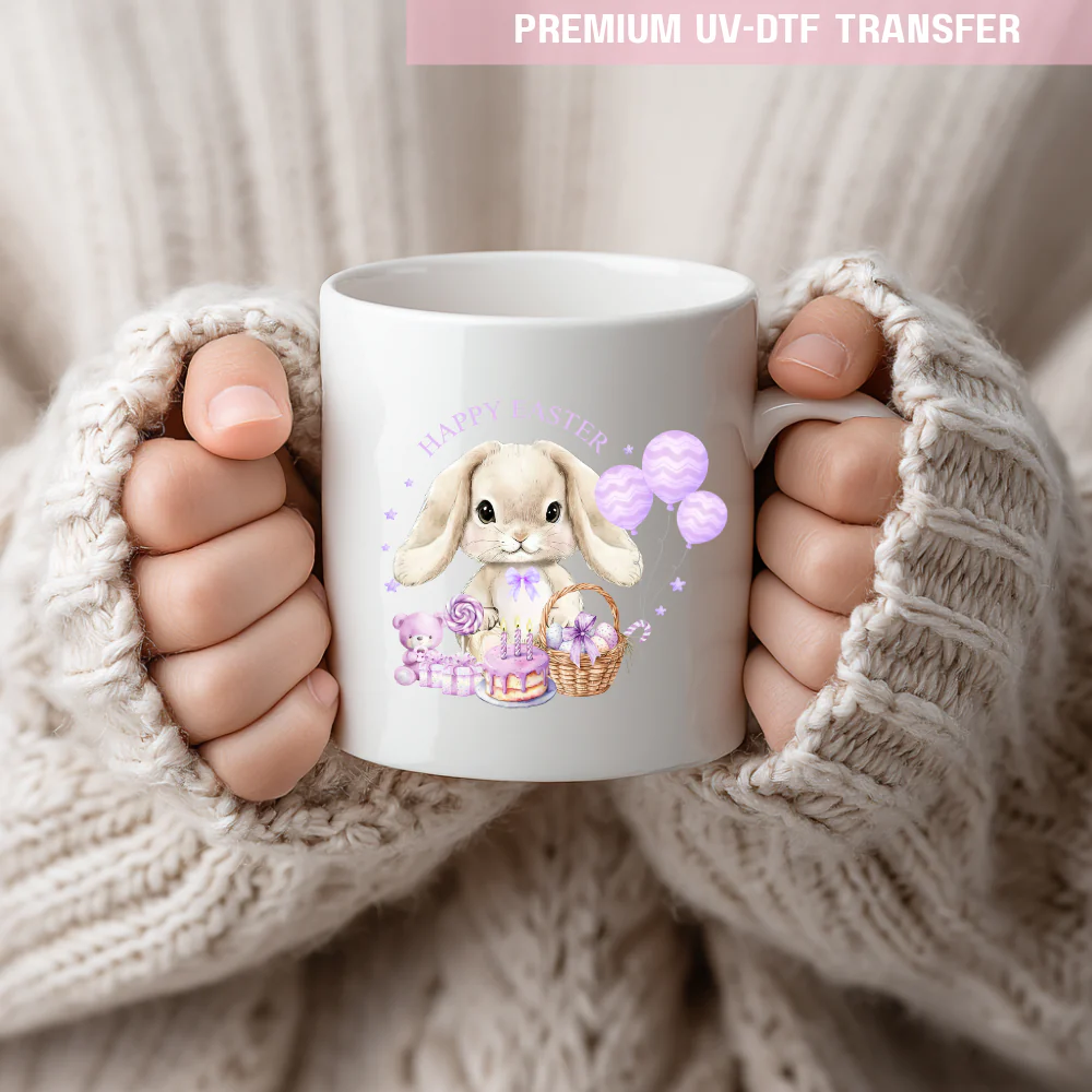 UV DTF decal - bunny rabbit and balloon - lilac - Easter - DTF ready to press