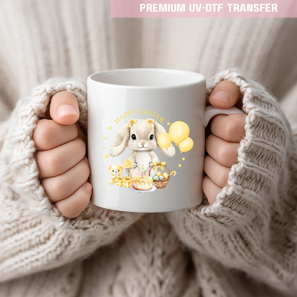 UV DTF decal - bunny rabbit and balloon - yellow - Easter - DTF ready to press