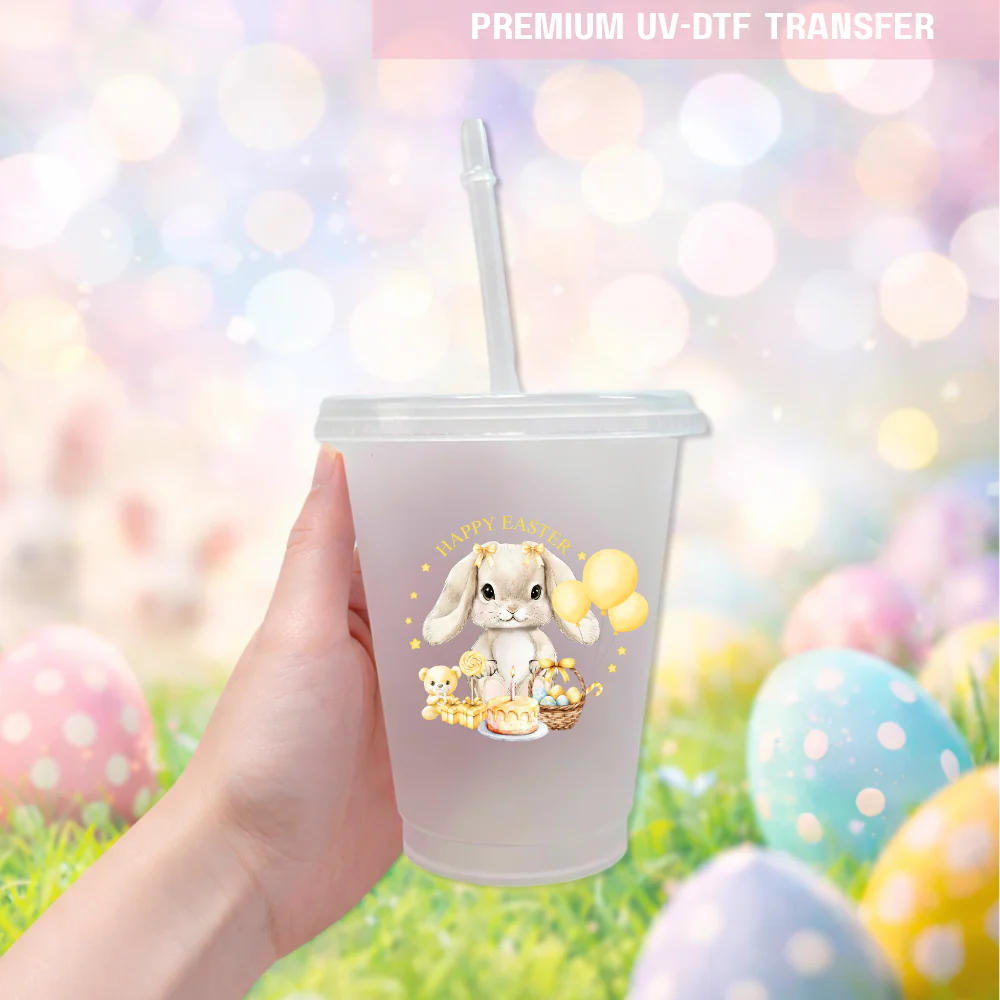 UV DTF decal - bunny rabbit and balloon - yellow - Easter - DTF ready to press - Image 2