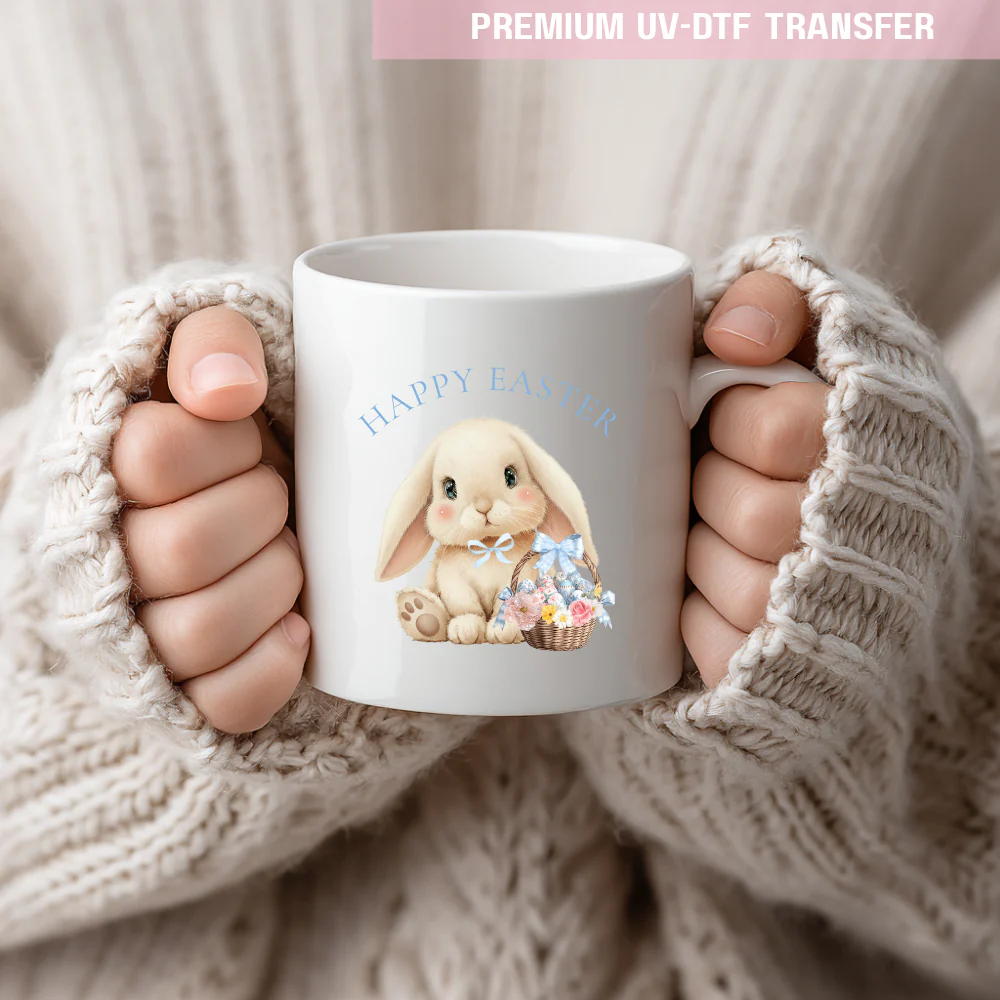 UV DTF decal - cute bunny & basket - blue - Easter - DTF ready to press