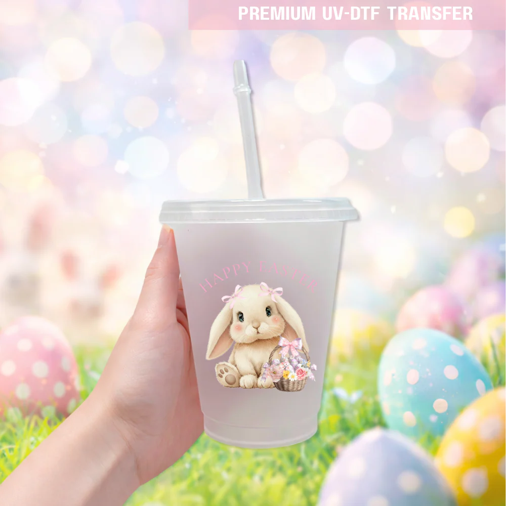 UV DTF decal - cute bunny & basket - pink - Easter - DTF ready to press - Image 2