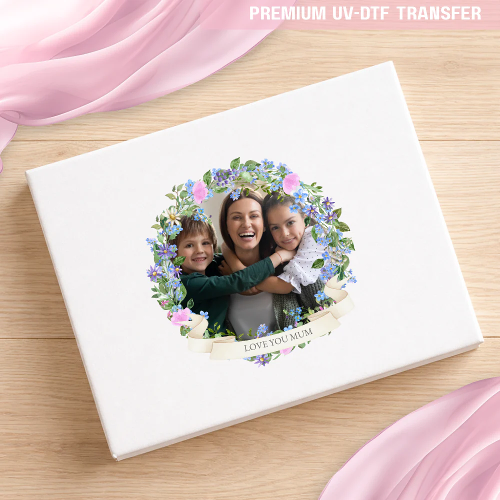 UV DTF decal - happy mothers day - blue floral wreath - Mothers day