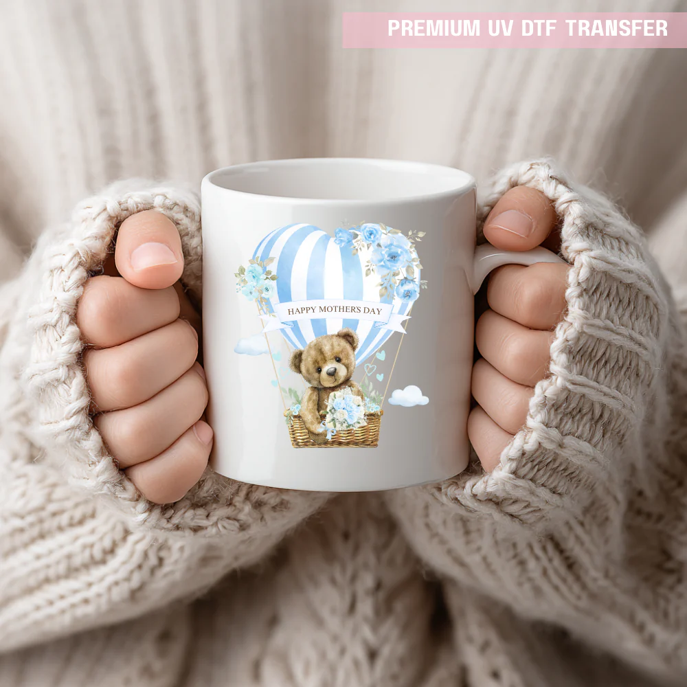 UV DTF decal - happy mothers day - blue heart balloon bear - Mothers day