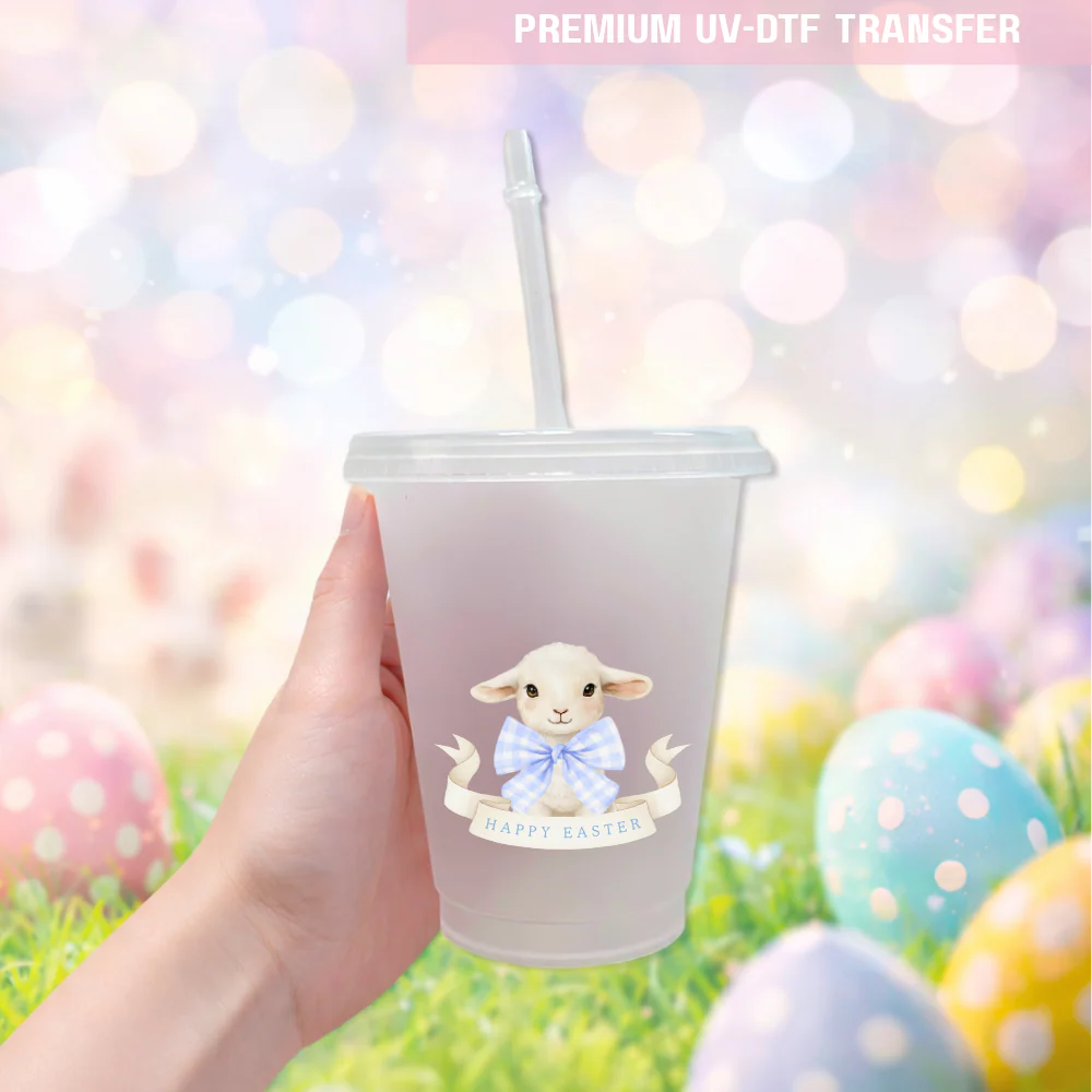 UV DTF decal - lamb gingham bow - blue - Easter - DTF ready to press - Image 2