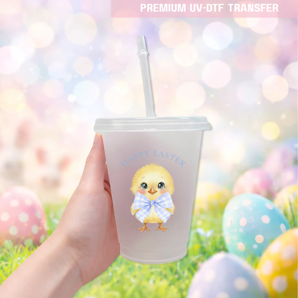 UV DTF decal - little chick gingham bow - blue - Easter - DTF ready to press - Image 2