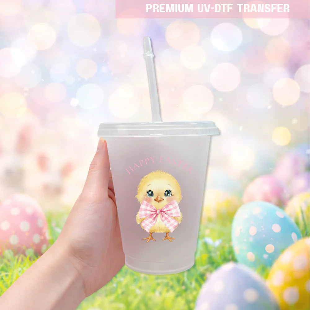 UV DTF decal - little chick gingham bow - pink - Easter - DTF ready to press - Image 2
