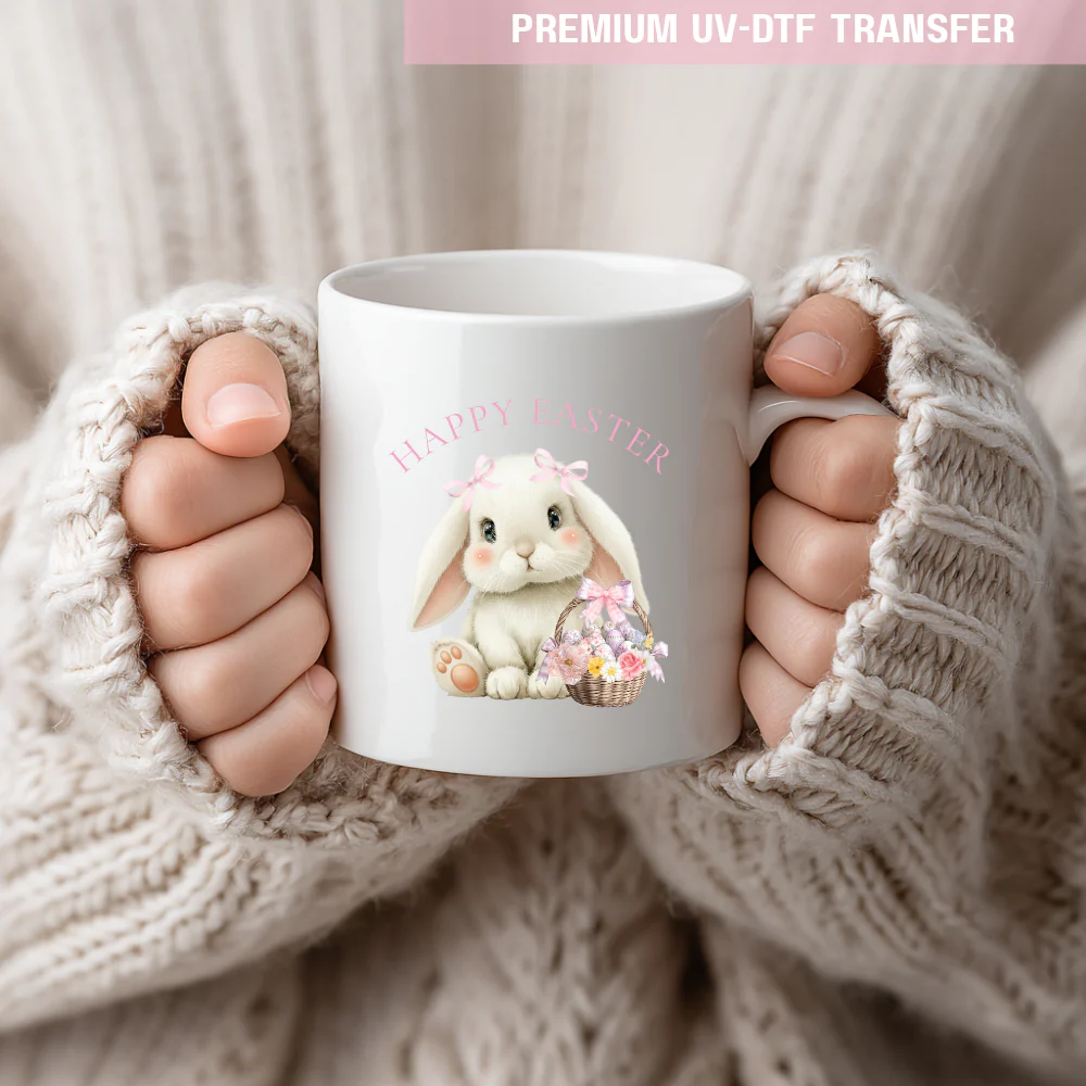 UV DTF decal - white cute bunny & basket - pink - Easter - DTF ready to press