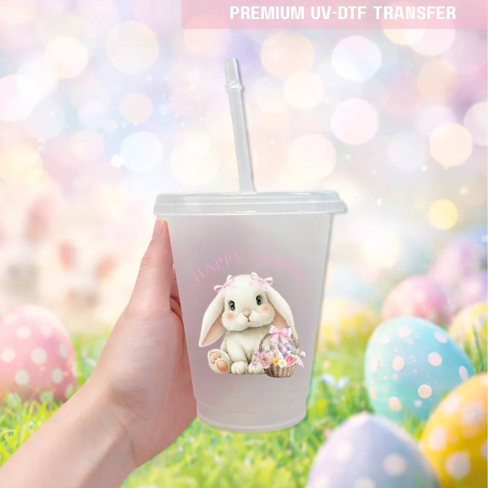 UV DTF decal - white cute bunny & basket - pink - Easter - DTF ready to press - Image 2