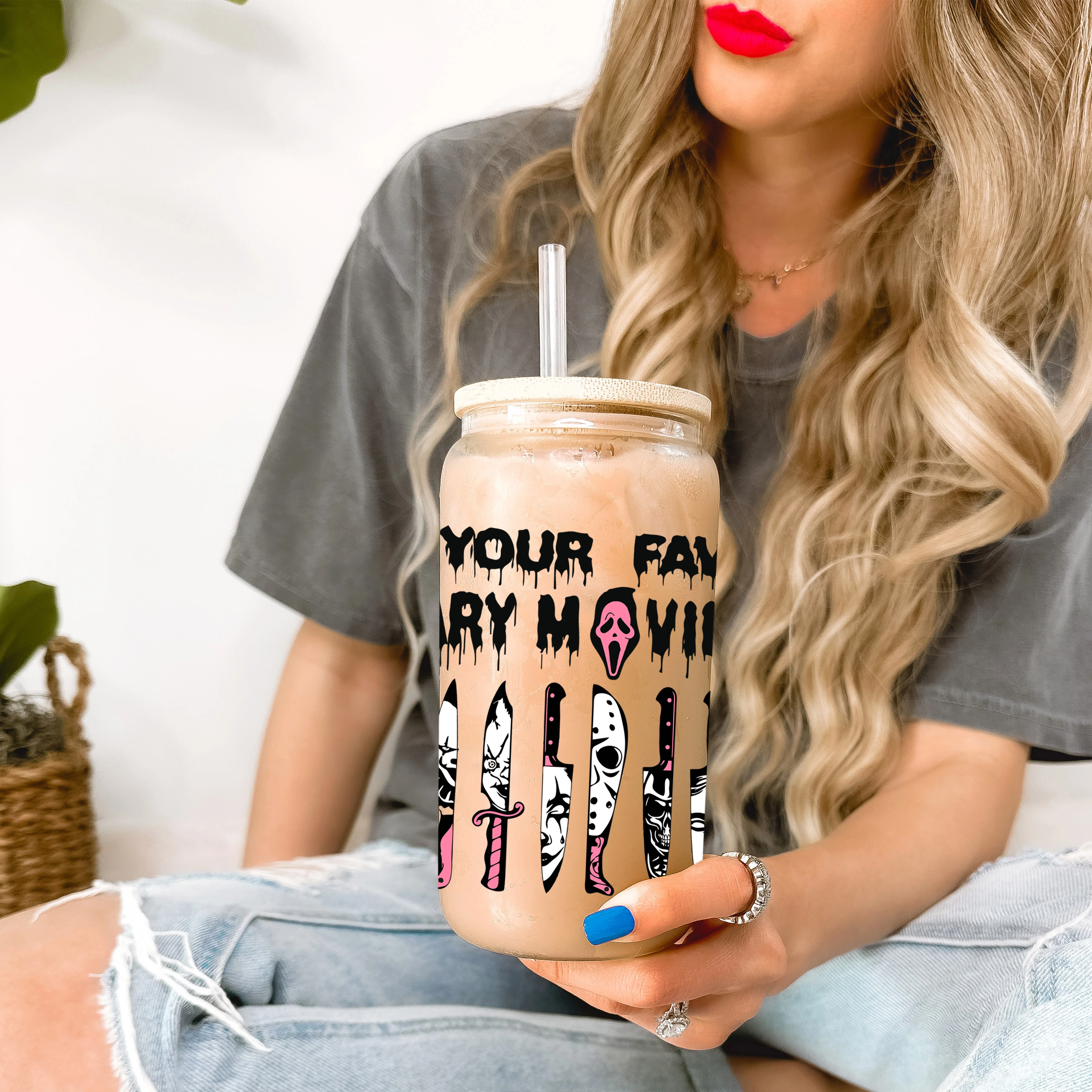 UV DTF - Favourite scary movie - 16oz Libbey Glass Cup Wrap Only - Image 2