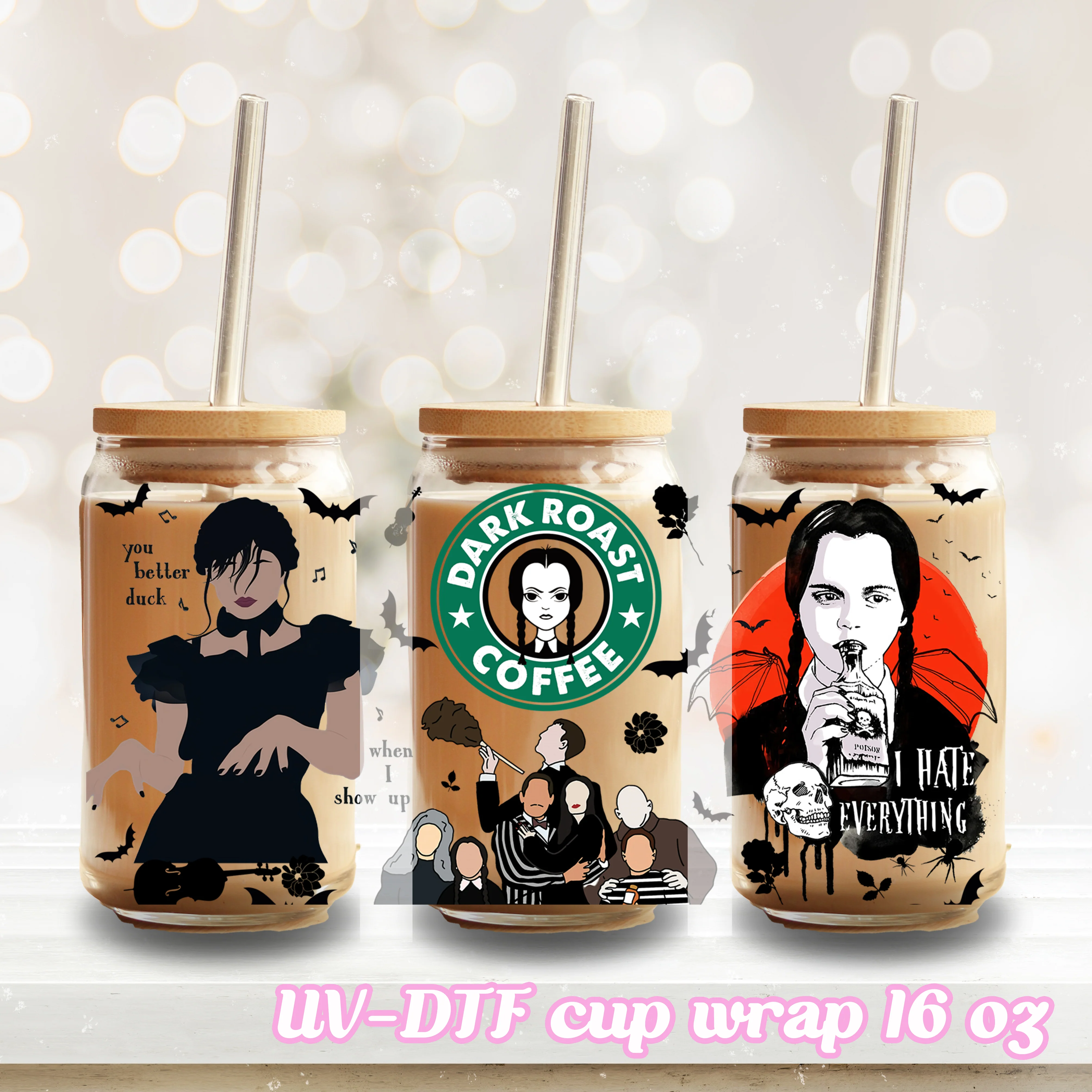 UV DTF - Gothic Girl - 16oz Libbey Glass Cup Wrap Only