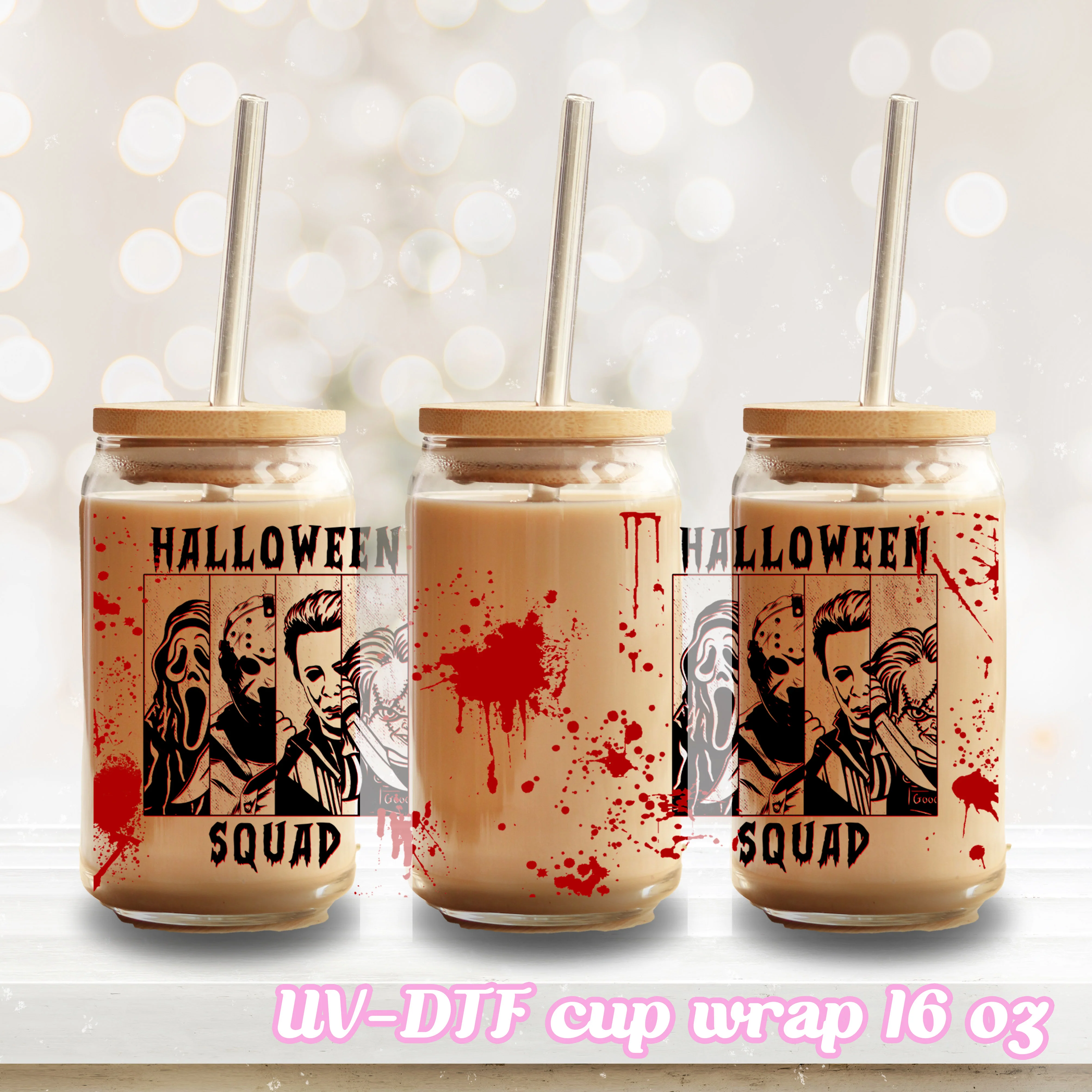 UV DTF - Halloween squad - 16oz Libbey Glass Cup Wrap Only