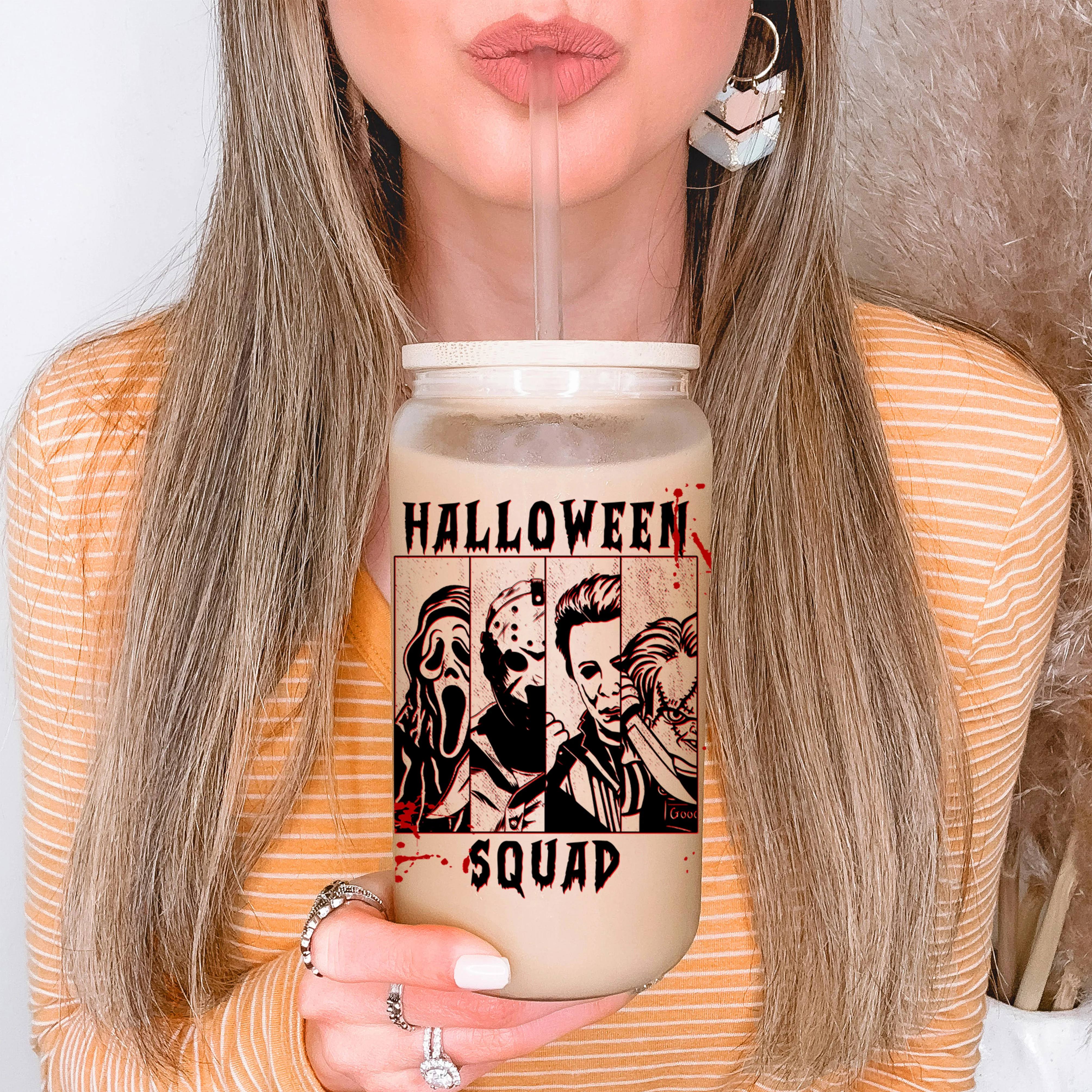 UV DTF - Halloween squad - 16oz Libbey Glass Cup Wrap Only - Image 2